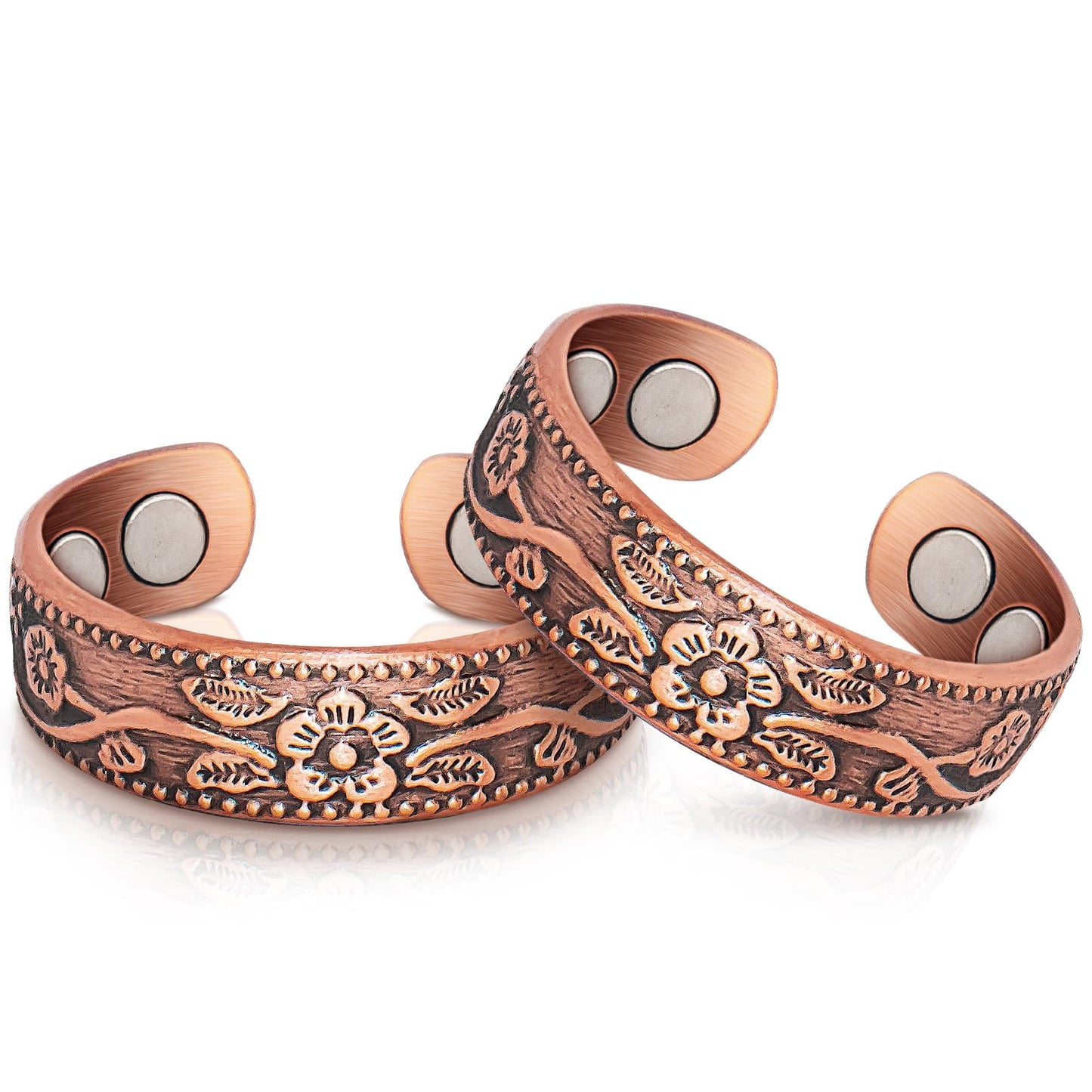 Auramag Copper-Flower Magnetic Rings, 99.99% Pure Copper, 2 Count, One Size, Open Circle, Female, 0 Carats, 3500 Gauss, Lymph Drainage & Blood Circulation, Gift Box & Cloth Included