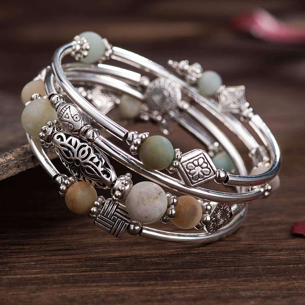 BULINLIN Layered Wrap Bangle Turquoise Bracelet - Bead Bracelet with Natural Agate Stone, Gifts For Women (03-Green)