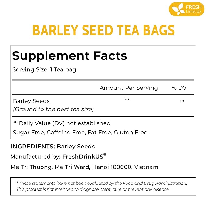 FreshDrinkUS, Premium 50 Barley Tea Bags, 100% Natural & Pure from Barley. Herbal Tea. Made with Natural Material Tea Bags. No Sugar, No Caffeine, No Gluten, Vegan.