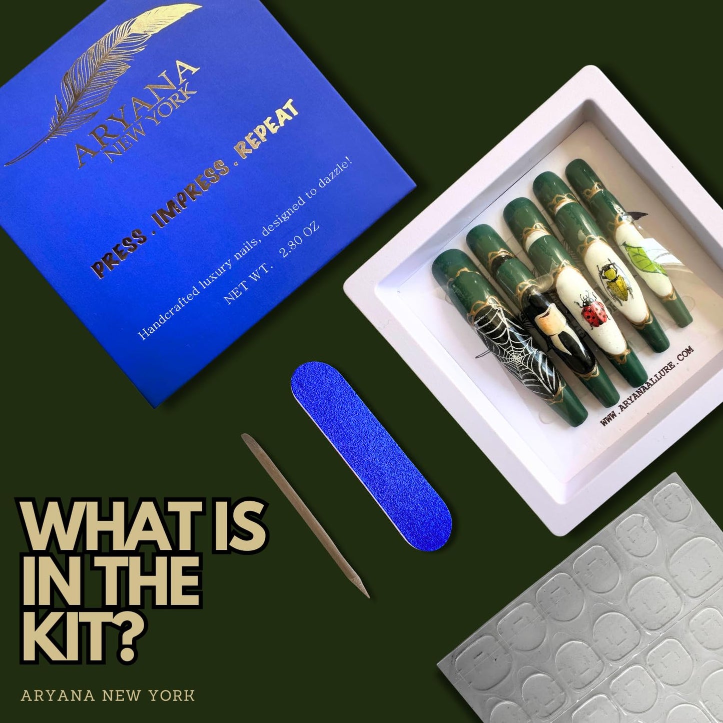 ARYANA NEW YORK Press On Nails Coffin - Handmade, Reusable, Luxury Long Coffin Nails 10 Pcs Handmade Nail Set, Oddities Beetles Collection - (Small)