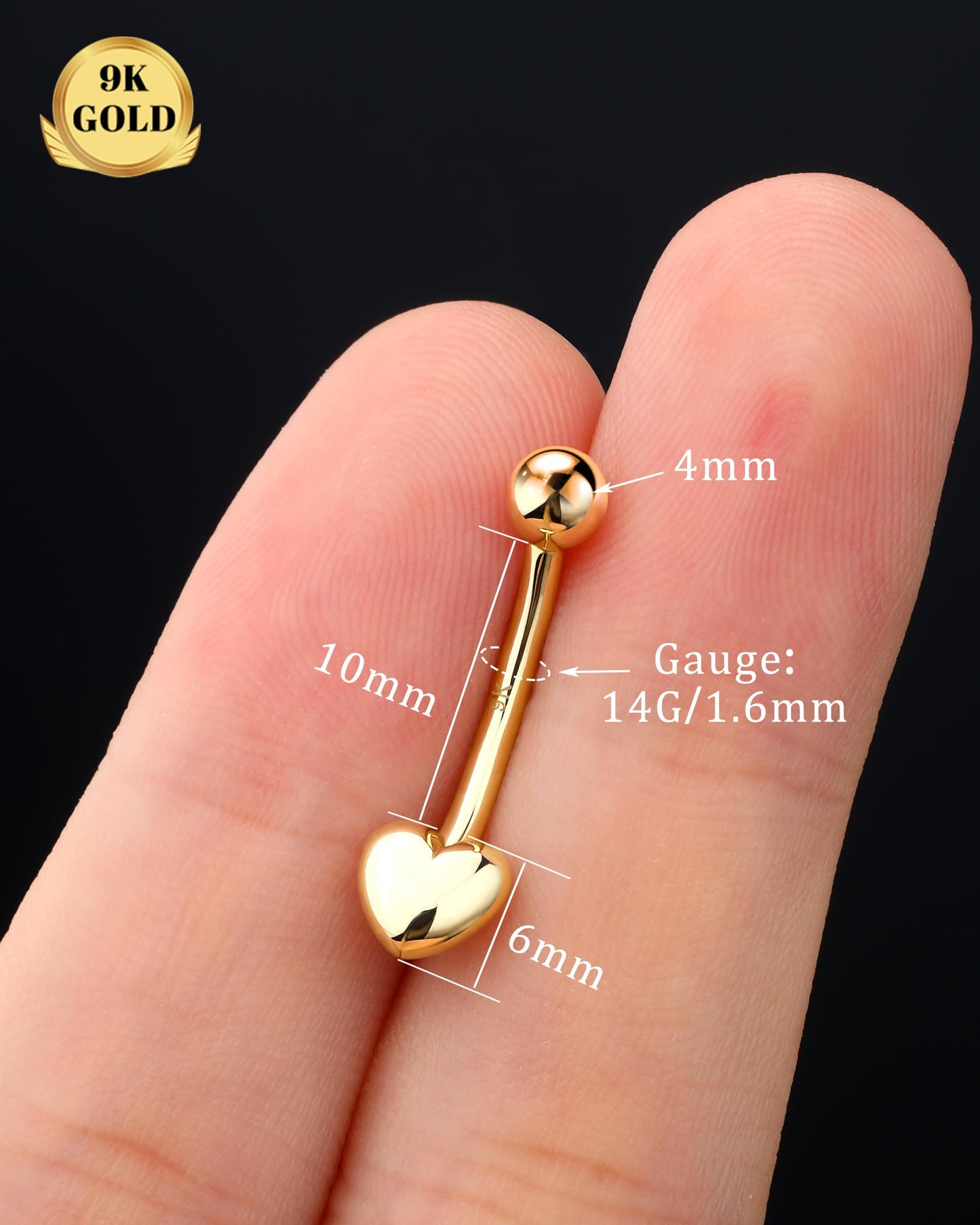 Melighting 9K Solid Gold Belly Button Ring With Heart and Clear CZ - 14G Navel Piercing Jewelry for Women
