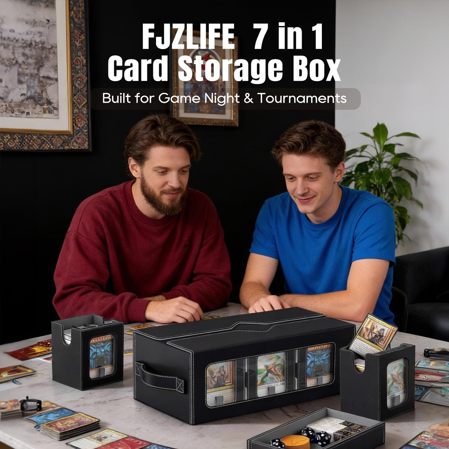 FJZLIFE MTG Commander Deck Box,6-Deck Modular Card Case with Dice Tray,Holds 600+ Double-Sleeved Cards,35PT Magnetic Card Holders,Removable Trading Card Storage Box for TCG&EDH,Black-Grey