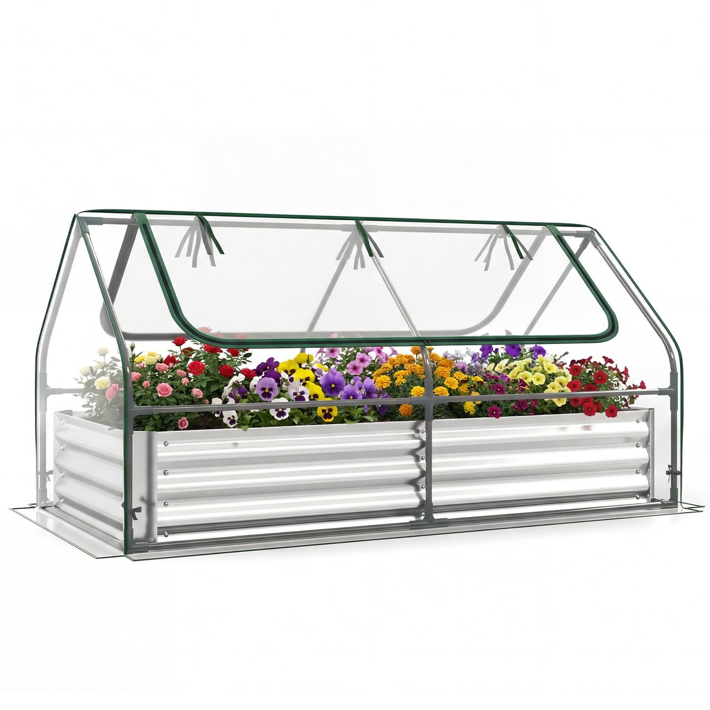 Happygrill Raised Garden Bed with Cover, Galvanized Planter Boxes Outdoor w/Mini Greenhouse, 2 Roll-up Windows & Open-Ended Base, Metal Growing Raised Bed for Vegetables (Silver, 72” x 36” x 37”)
