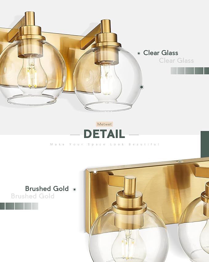 METWET Bathroom Light Fixtures, 5 Light Brushed Gold Vanity Light, 32 Inch Modern Wall Sconces with Globe Clear Glass Shade, Vanity Lighting Fixtures Over Mirror, VL195-BG-CL-5