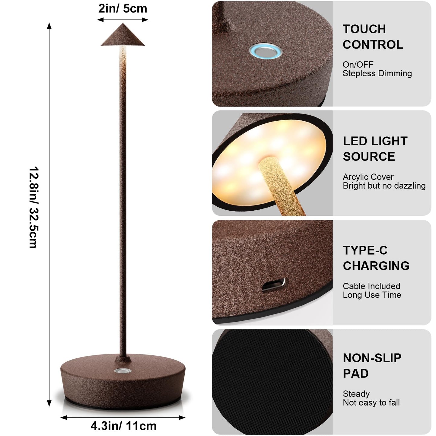 YIBEN 2Pack Rechargeable Cordless Table Lamp, Portable Powered LED Battery 6000mAh Metal USB Desk Lamp, 3 Levels Brightness Light for Restaurants Outdoor (2pack ferruginous)