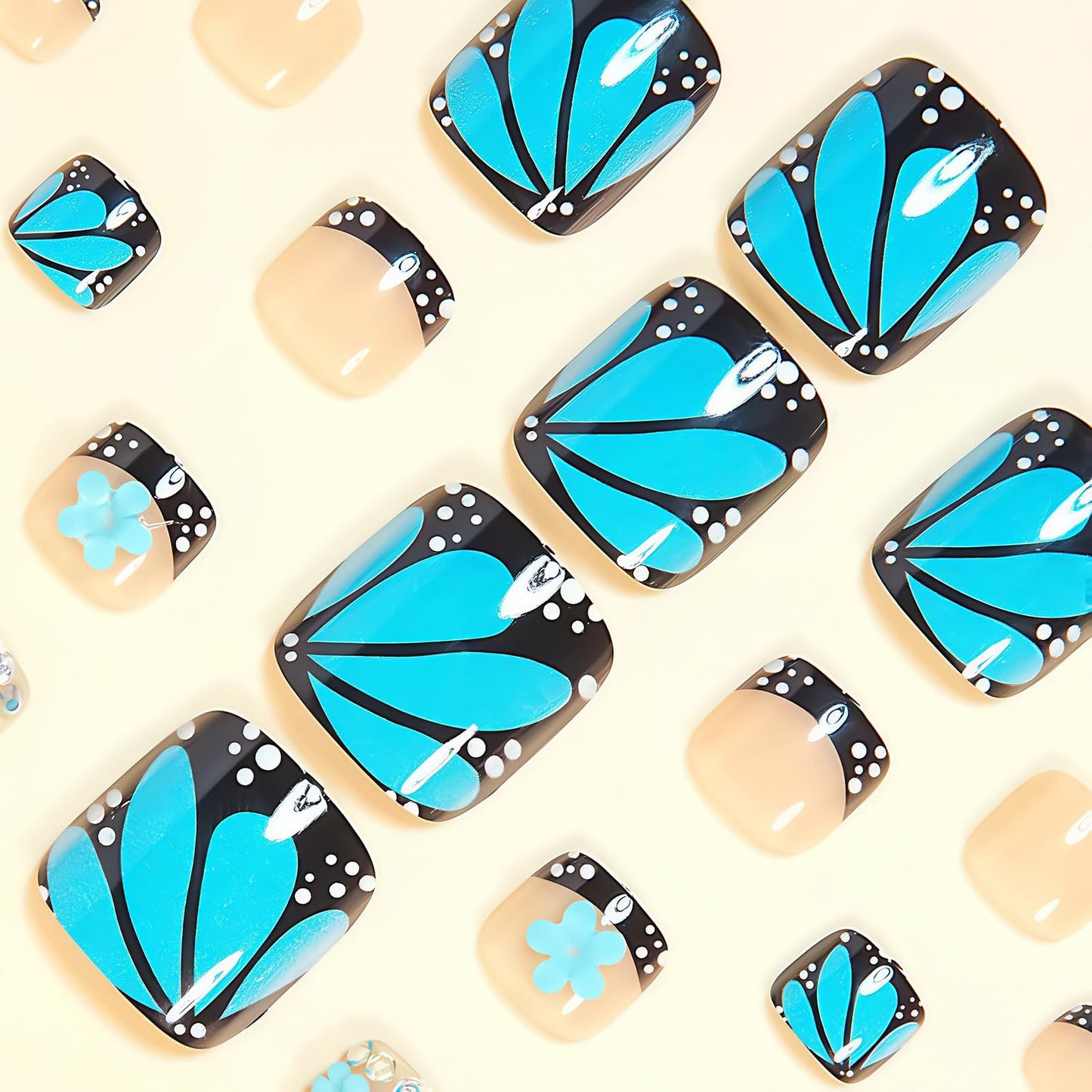 MISUD Toe Press on Nails - Fake Toenails with Black French Tip, Acrylic Toenail Blue Butterfly Flower Design 24 pcs
