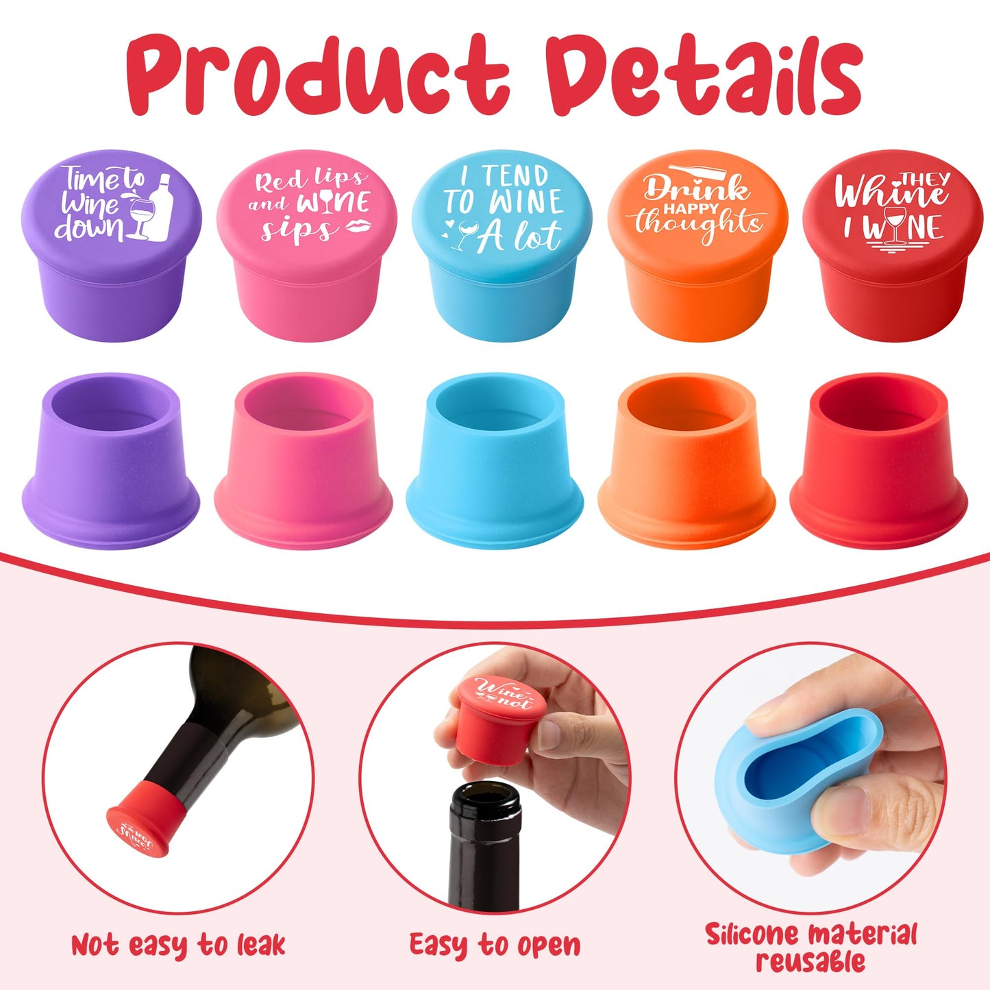 GROBRO7 10Pcs Wine Stoppers Set Funny Live Love Wine Pattern Silicone Bottle Covers Gift for Women, Reusable Beverage Corks Strong Sealing Liquor Accessories for Outdoor Picnic Barbecues Party Bars