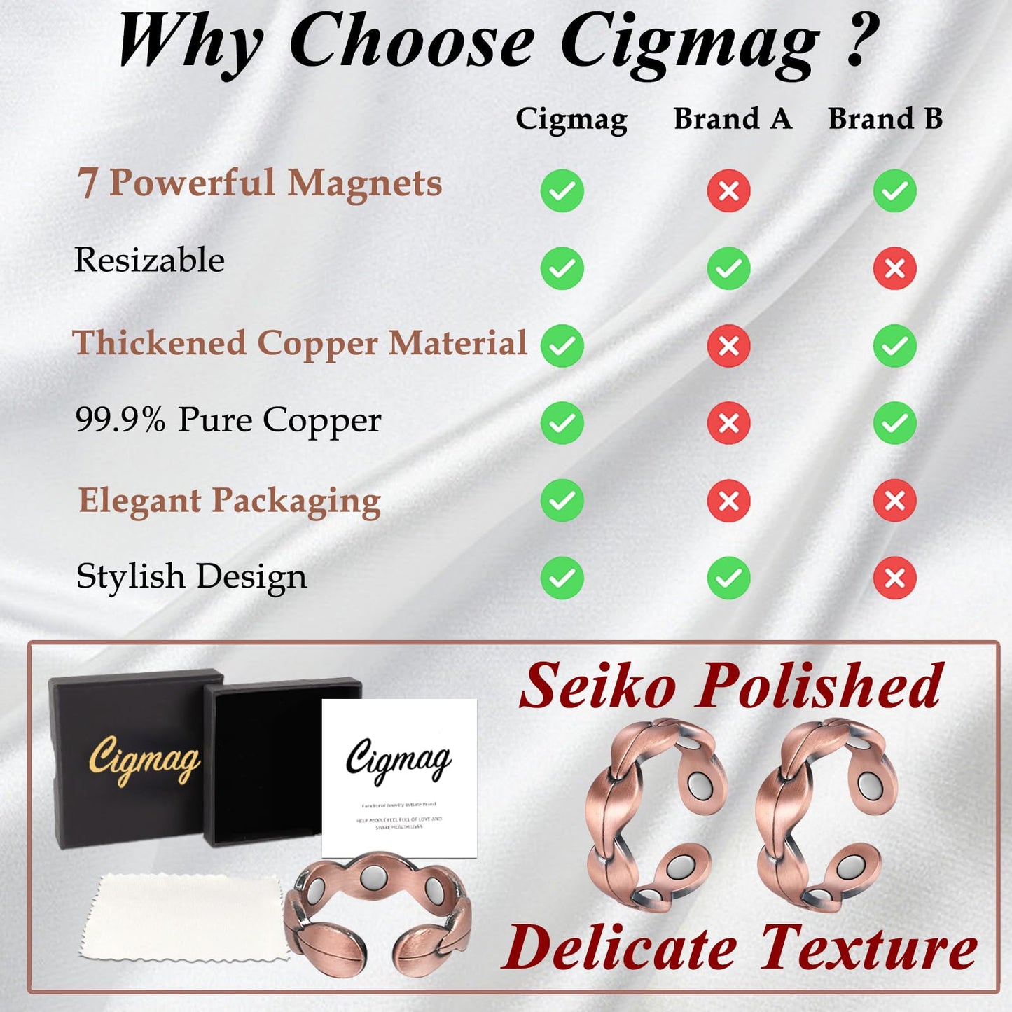 Cigmag 7X Copper Rings for Women - Pure Copper Ring - Adjustable with Present Box (2PCS)
