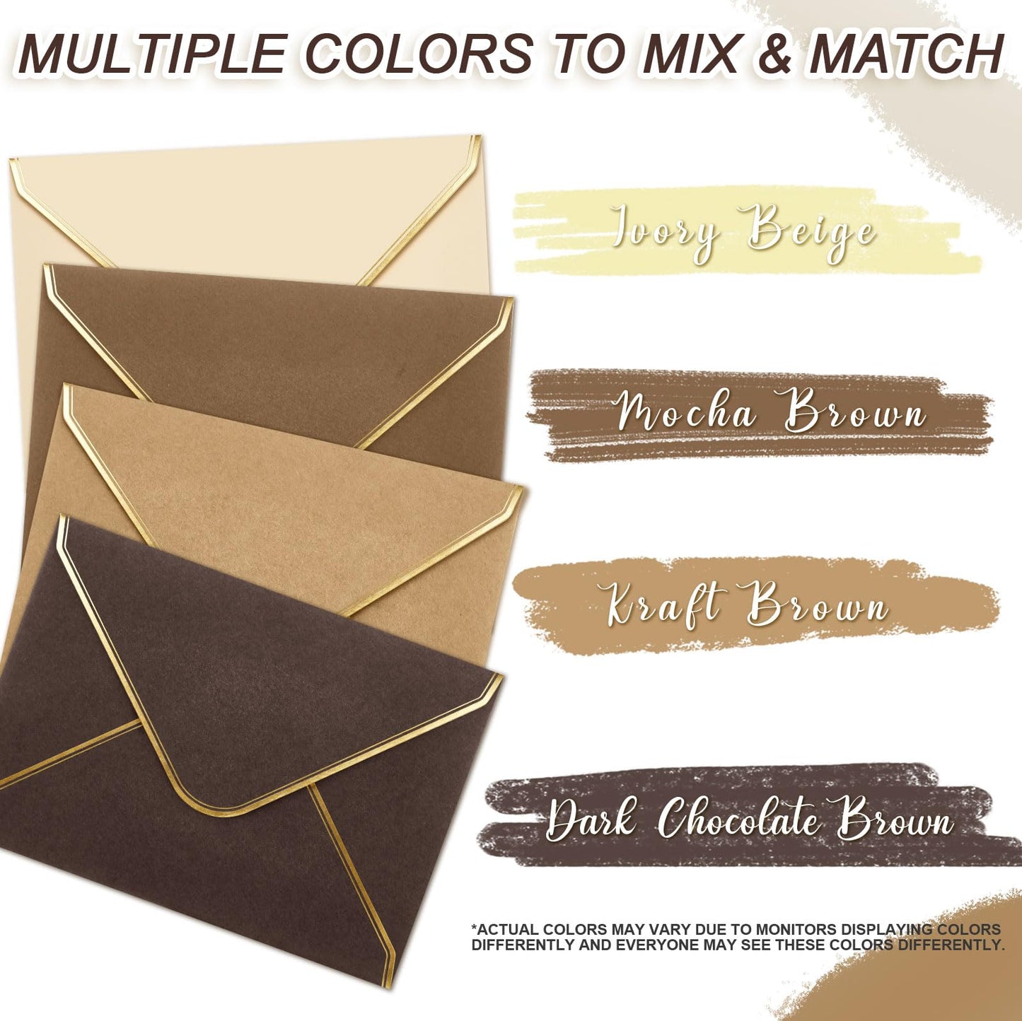 Cholemy Brown 4 x 6 Envelopes 50 Pack A6 Card Envelopes with Gold Border, 180 Gsm Self Adhesive V Flap Invitation Envelope for Wedding Bridal Shower Birthday Greeting Graduation Mailing Funeral