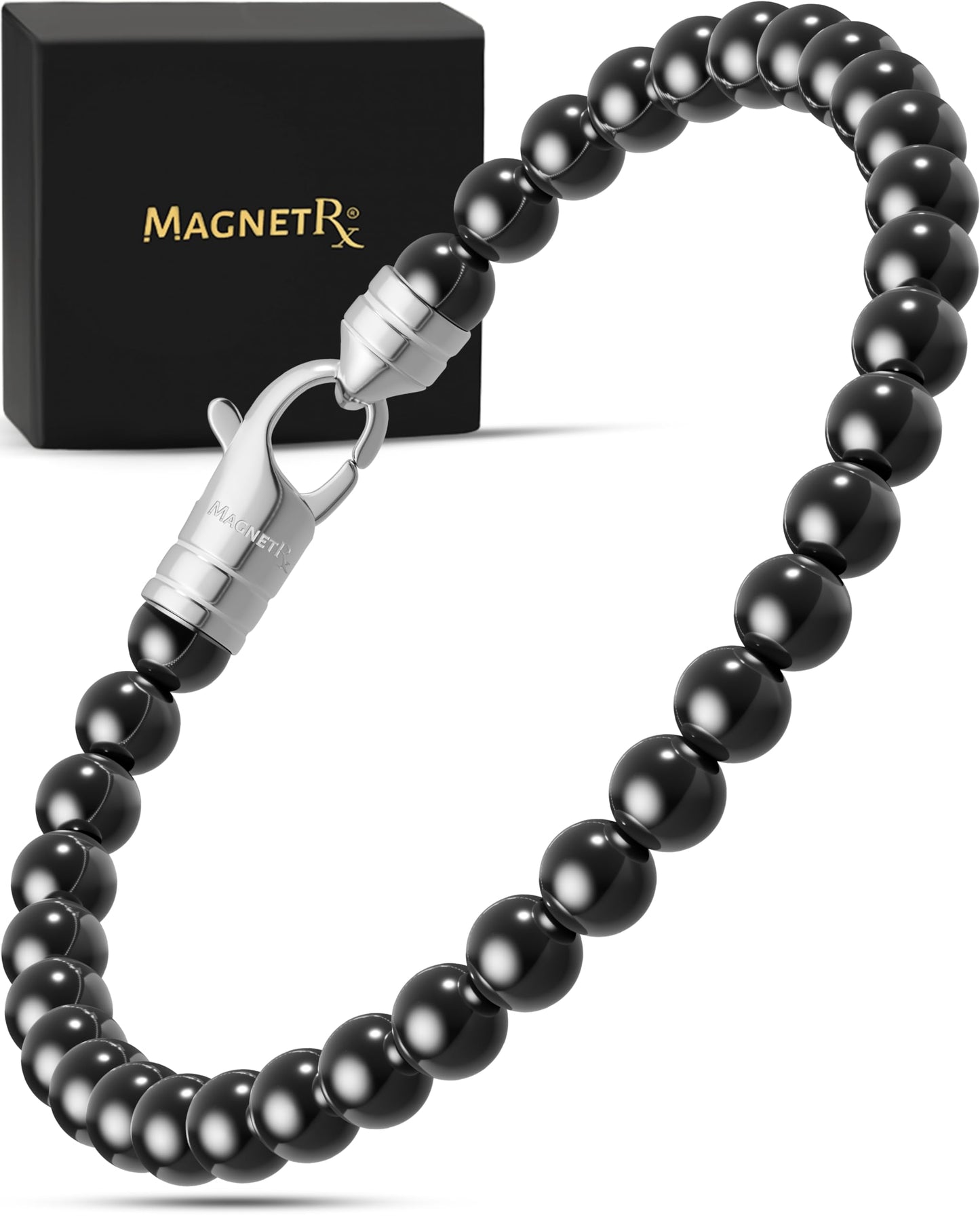 MagnetRX® Hematite Magnetic Bracelet – Max Strength Magnet Stones – Elegant Beaded Hematite Bracelets for Men and Women (Classic | Medium)