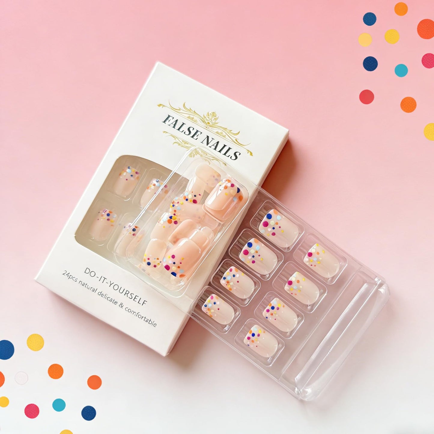 Colorful Polka Dot Press on Nails Short Square Fake Nails with French Dots Design Cute Acrylic False Nail Glossy Full Cover Stick on Nail Reusable Artificial Summer Nails for Women 24Pcs