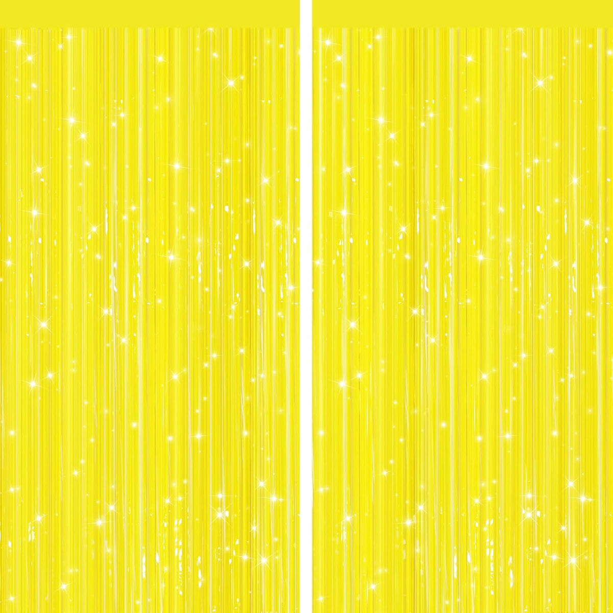 2 Pack Yellow Metallic Tinsel Foil Fringe Curtains, Door Streamers Photo Booth Backdrop for Birthday Party, Tinsel Curtain Backdrop for Baby Shower Bachelorette Christmas Party Decorations