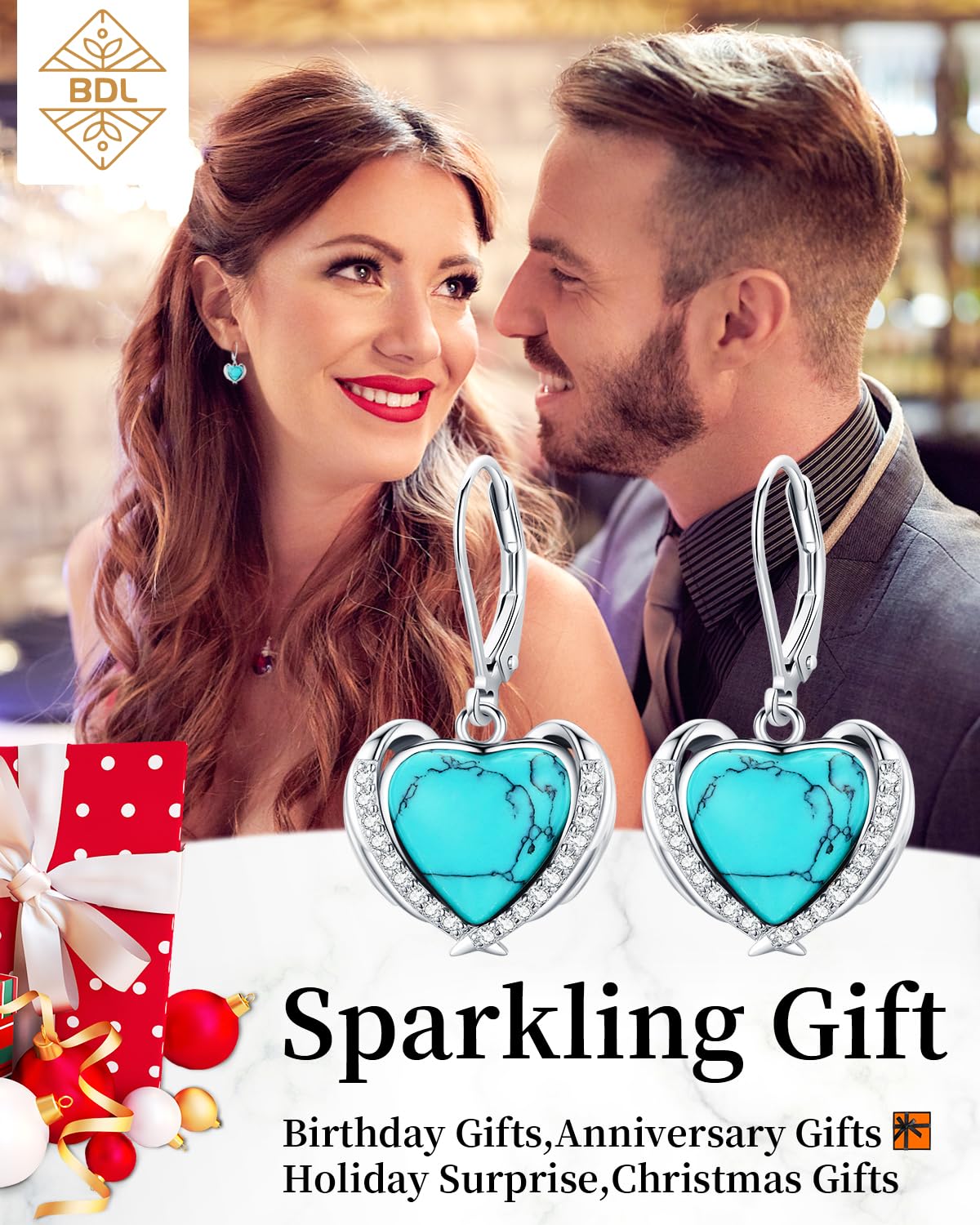 BDL Angel Wing Heart Genuine Turquoise Leverback Earrings Sterling Silver Dangle Drop Jewelry for Women