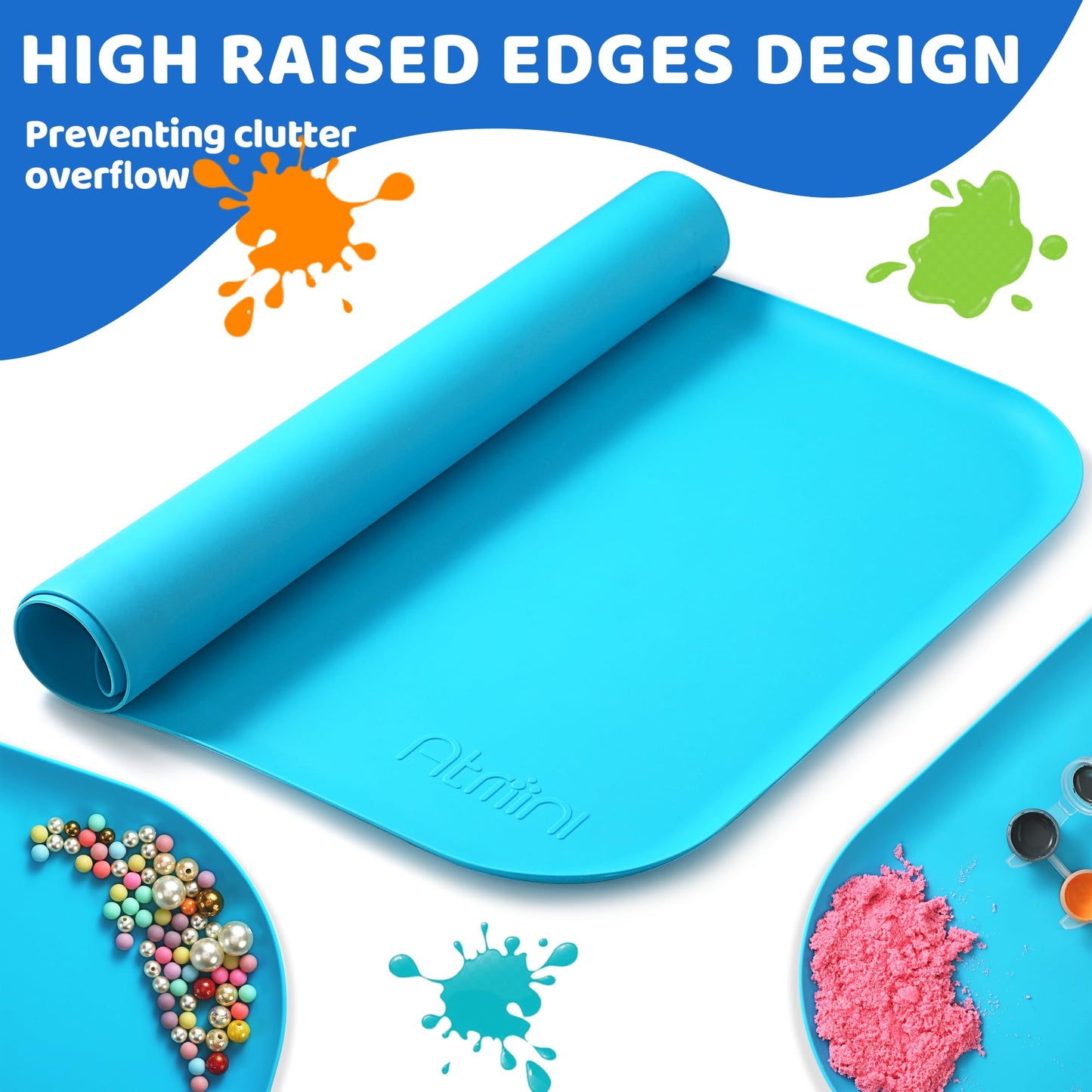 AtMini Silicone Craft Mats for Kids 24"x16"– with Raised Lip & Non-Slip | Reusable Silicone Art Mat for Play Sand, Painting, DIY Crafts | Durable Design (Blue)