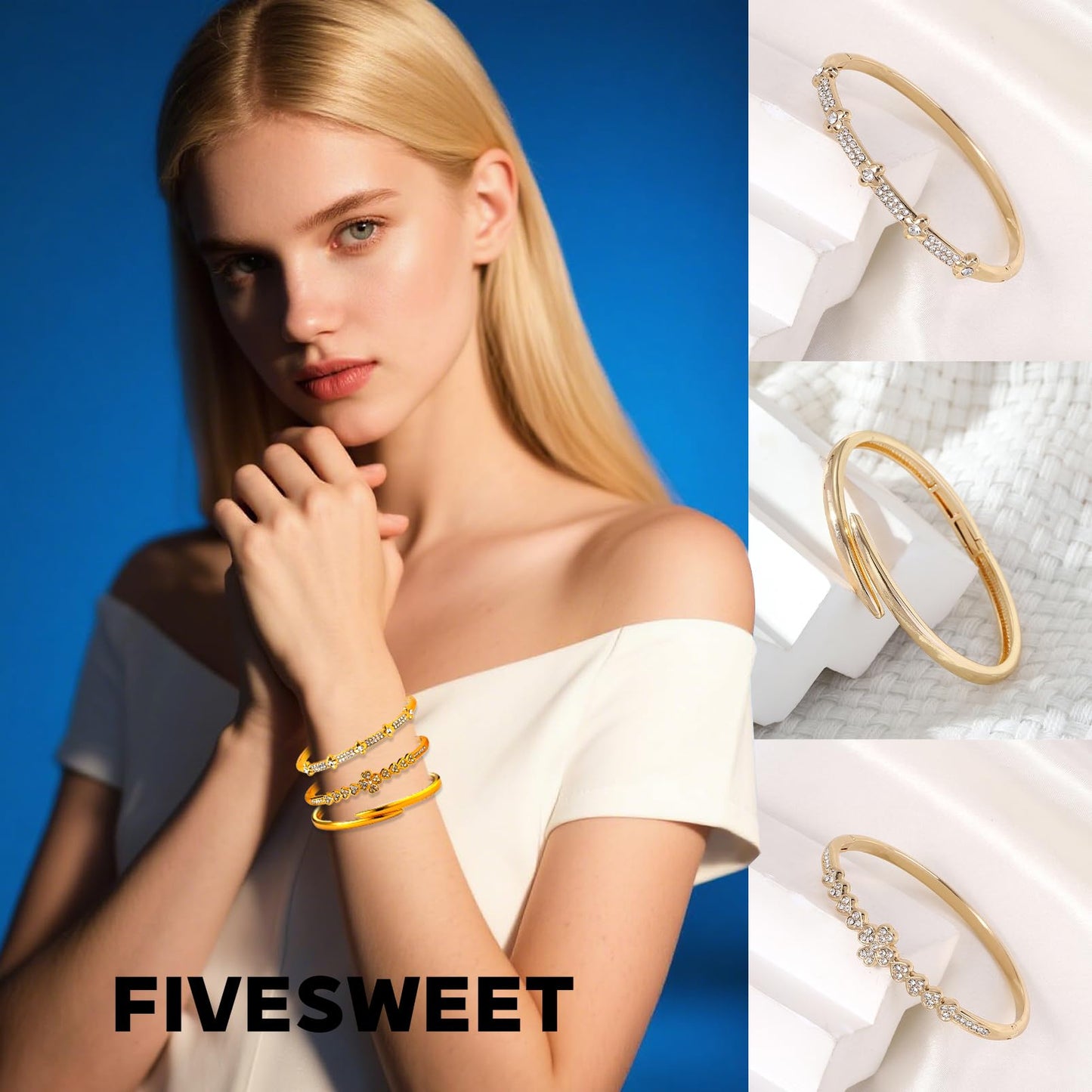 Pack of 6 - Silver Bracelet Bangles Bulk Set for Women,Trendy Stackable, Zinc Alloy Rivet & Four-Leaf Clover Design Stackable Bangles with Rhinestones, 2.4 Inch Diameter Fits Most Adults, Jewelry Gift for Her, Girlfriend, Wife, Mom, Sister, Lover on Birth