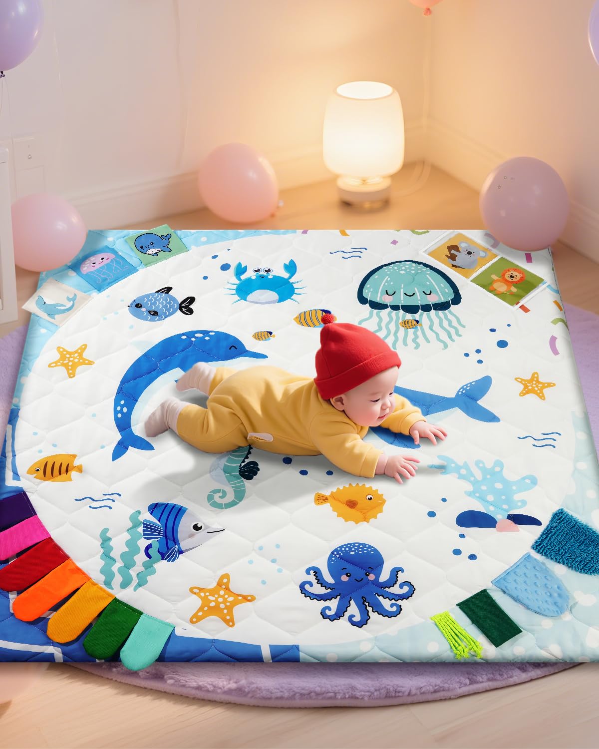 TINYHARBO Premium Foam Baby Play Mat 50x50, 4 Developmental Zones Play Mat with Removable & Machine Washable Cover, Extra Thick Padding Playpen Mat, Easy to Clean for Infants, Toddlers & Babies