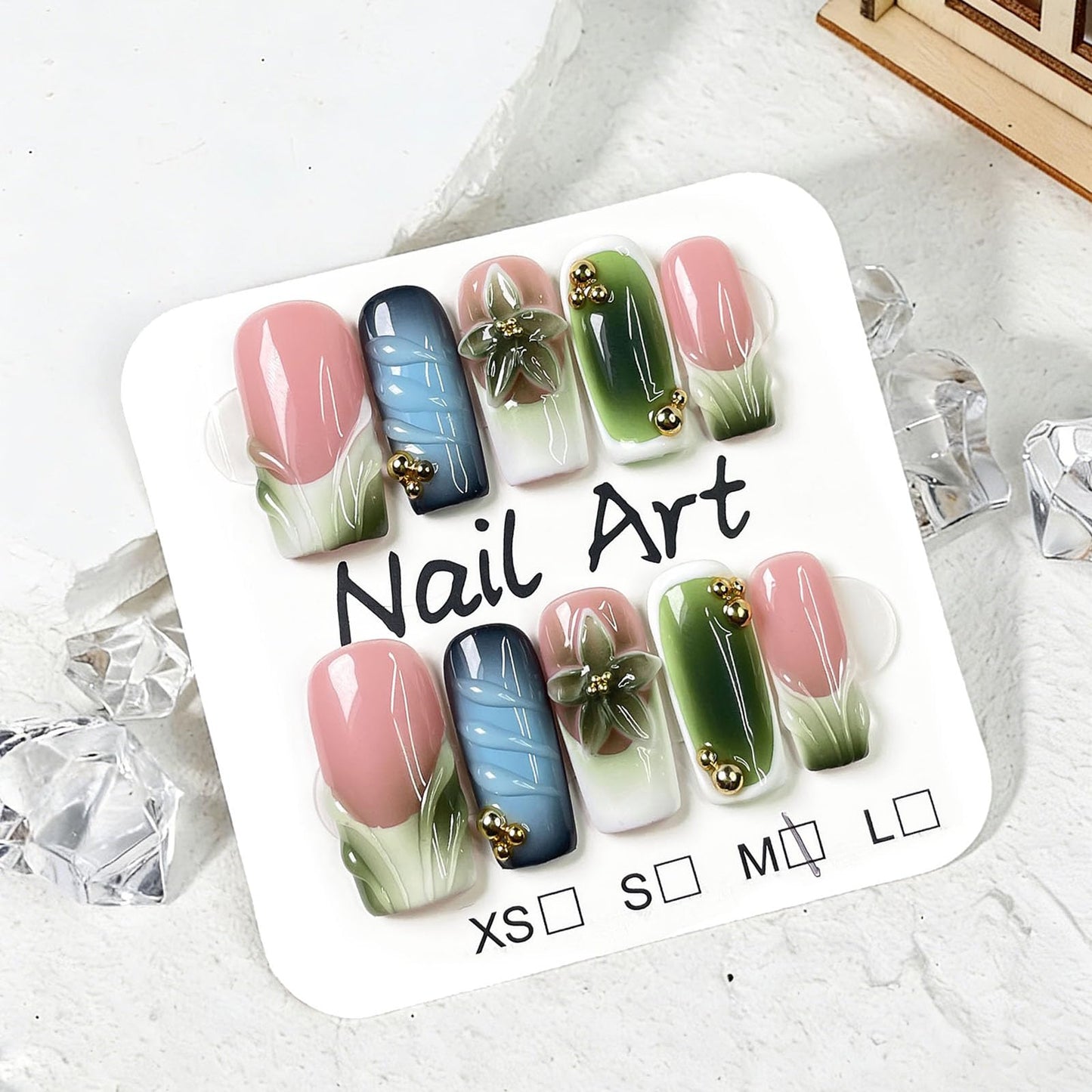 10 Pcs Handmade Press on Nails Medium Square Fake Nails with 3D Flower French Tip Design Green Acrylic False Nails M Size Press Ons Nails Square for Women