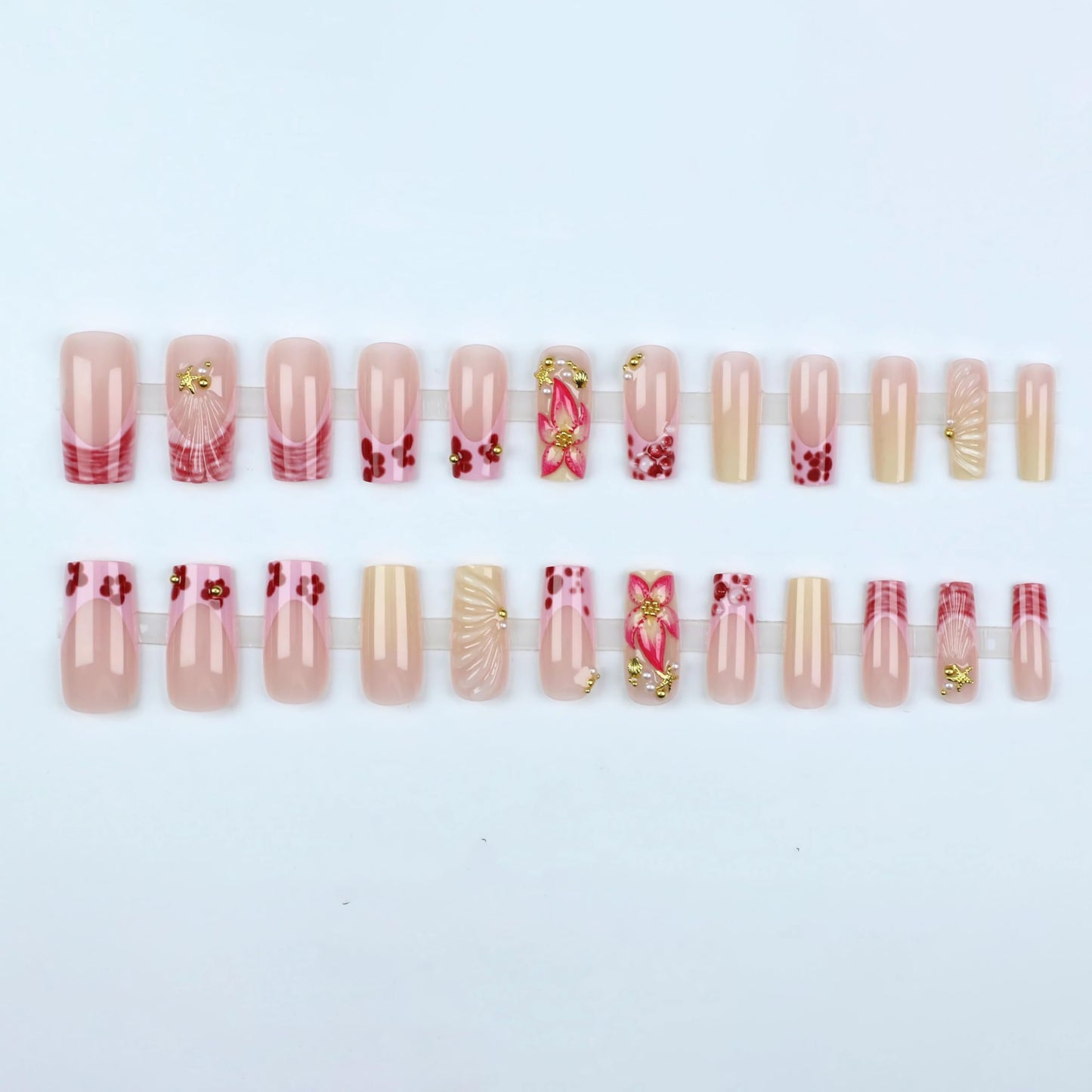BABALAL Long Square Press on Nails - Pink French Tip Yellow Chrome 3D Texture Flower with Gold Charm Summer Handmade Full Cover Acrylic Squoval Nails 24 Pieces