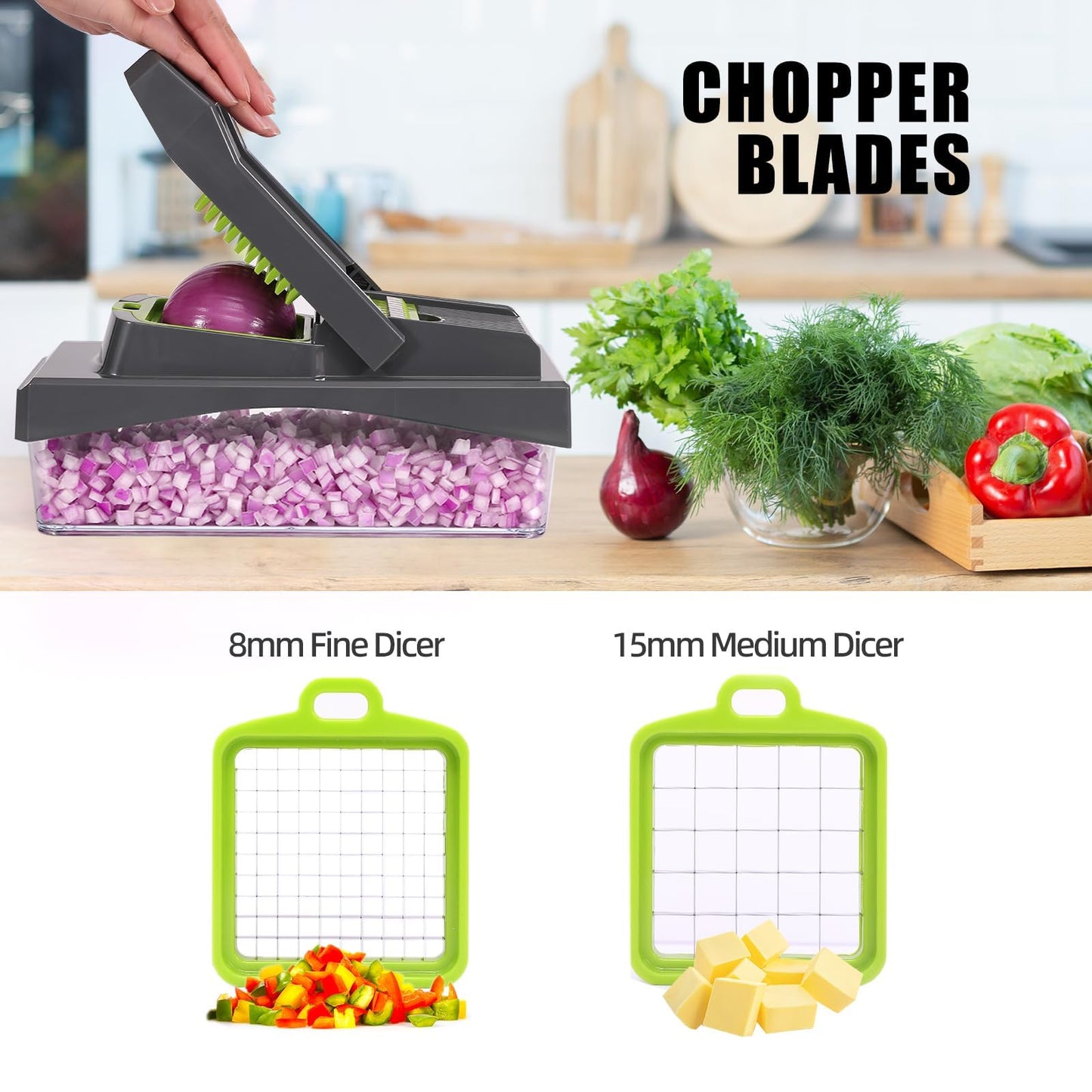 RüK 10-in-1 Vegetable Chopper – 6 Blade Veggie Chopper with Container, Food Dicer, Onion Cutter, Cheese Grater, Mandoline Slicer, Kitchen Gadgets & Home Essentials (Gray)