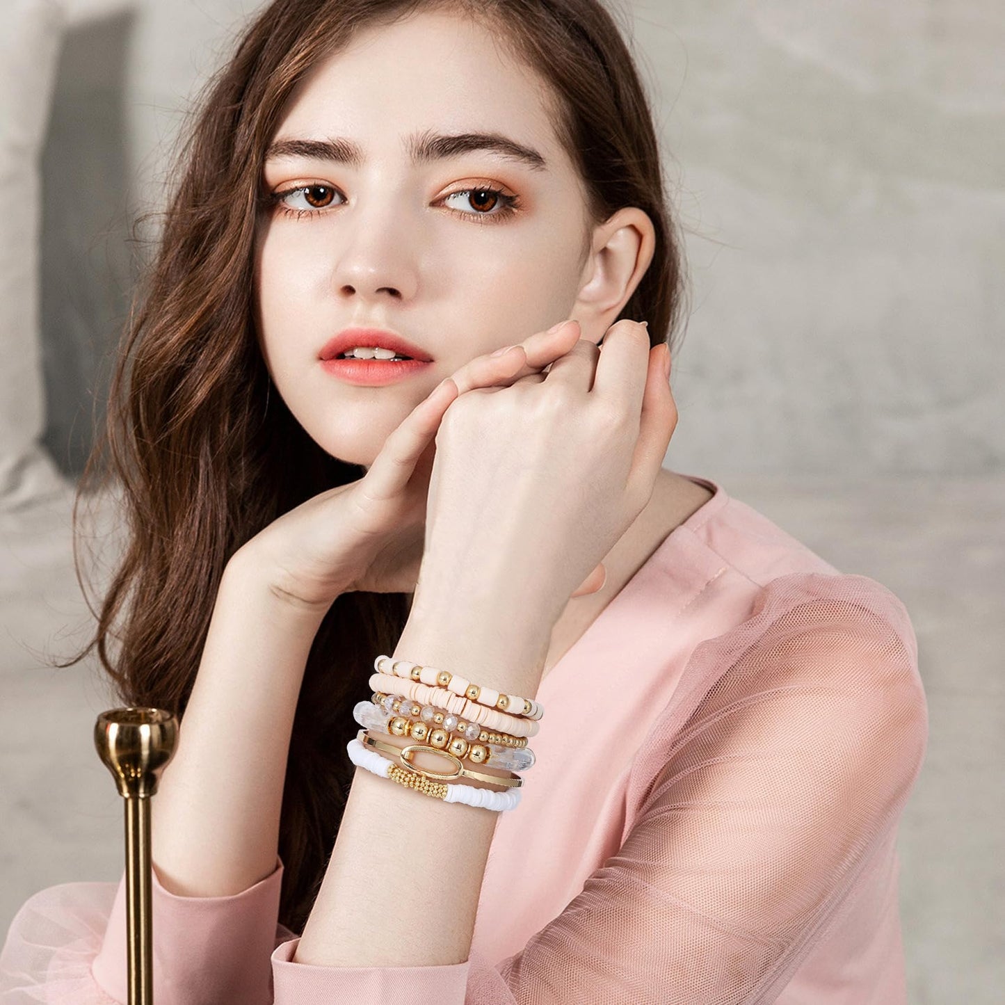 GOOJIDS Simple Beaded Gold Bangles Bracelet Chunky Bamboo Tube Curved Stacking Clear Acrylic Colorful Beads Stretchable Gold Bracelets Set For Women