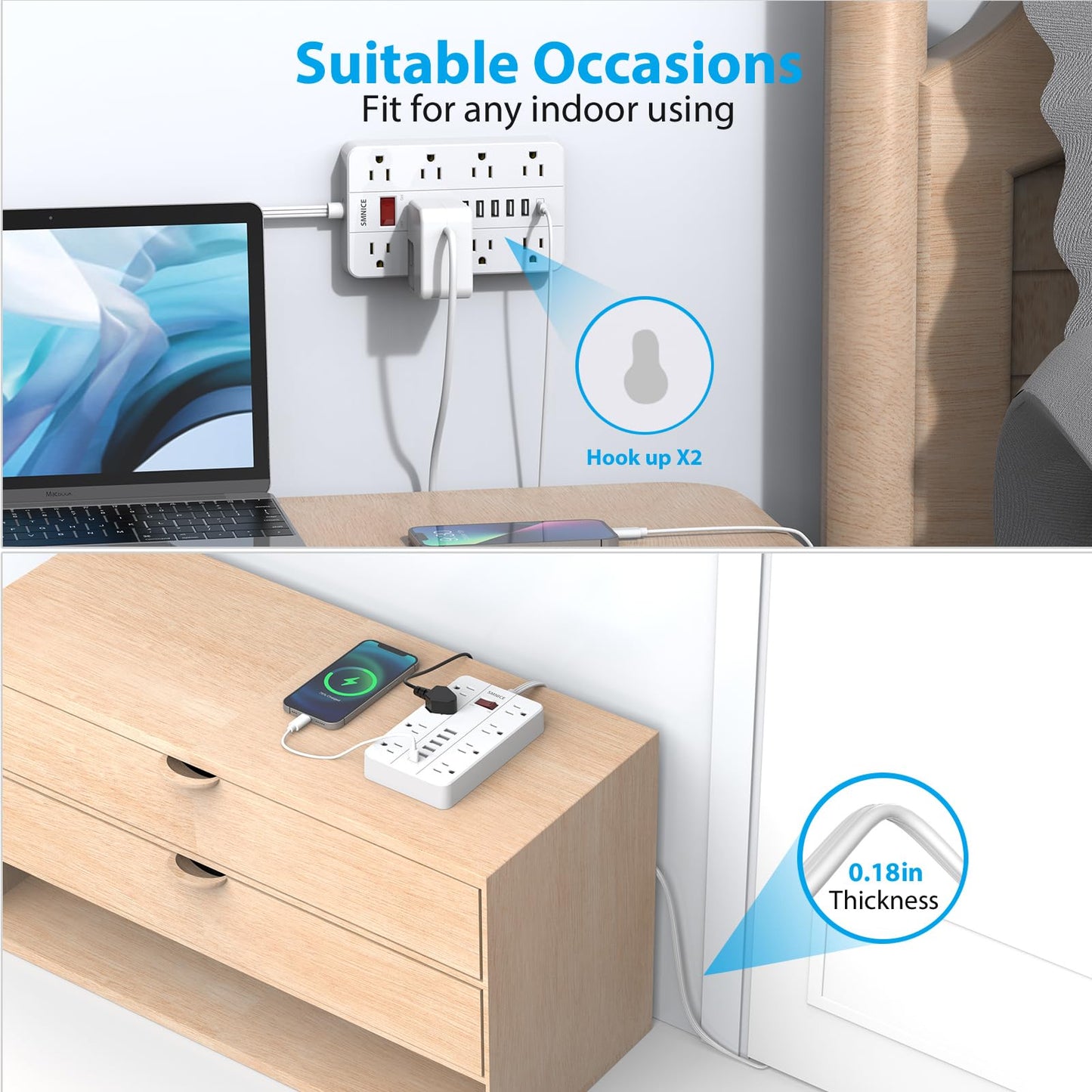 SMNICE Power Strip with USB,Surge Protector Flat Plug with 8 Widely Spaced Outlets and 6 USB Ports(1 USB C), 5ft Extension Cord Wall Mountable Phone Tablet Laptop Computer Multiple Devices
