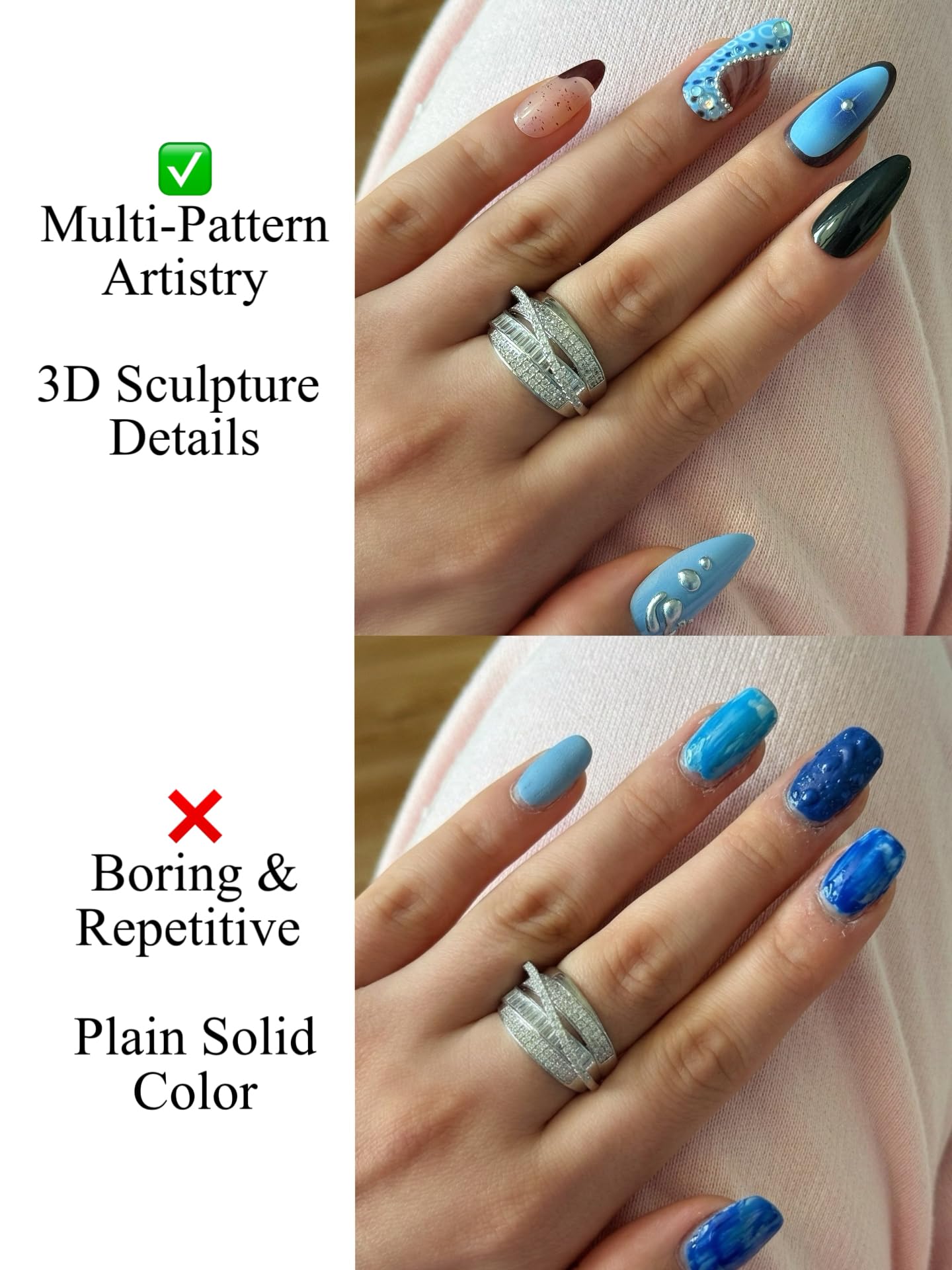 Black & Blue Press On Nails Medium Almond, Mixed Solid Colors with Rhinestone Accents, 24pcs Gel Nail Kit by Nailinism