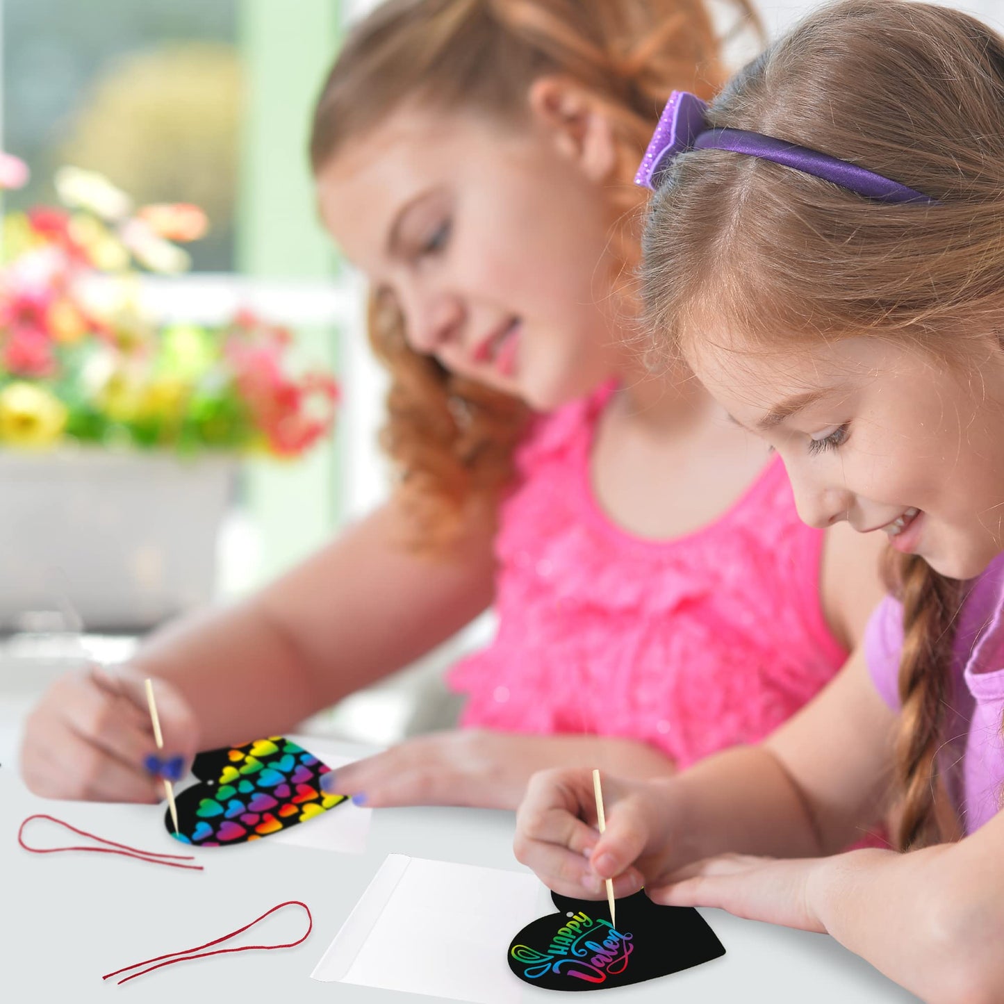 ArtCreativity 48 Pack Scratch Off Valentine Cards for Kids Classroom, Set of 48 Valentine Cards Ink-Free Scratch Off Hearts with Sticks, Red String, and Envelopes, Valentines Crafts