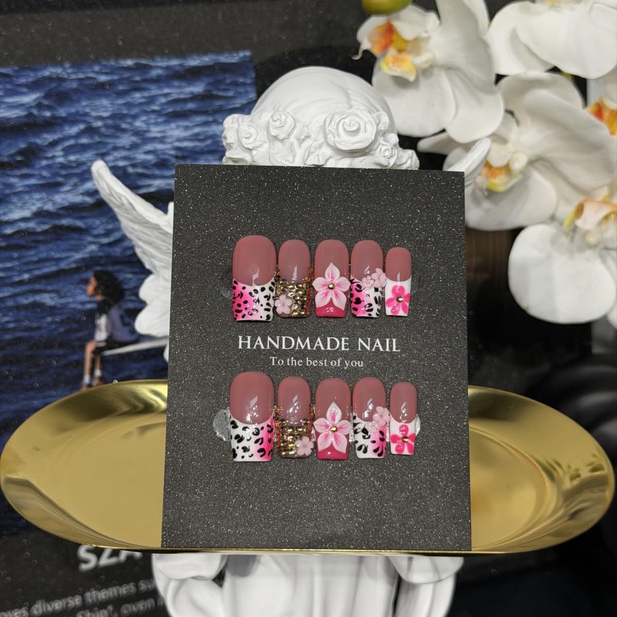 Vseegrs Pink Handmade Press on NailsSquare Medium Leopard Artificial False Nails with Designs 3D Flowers Acrylic Nail Press ons Gold Embossed Press on Nail Kit for Women 10pcs (L)