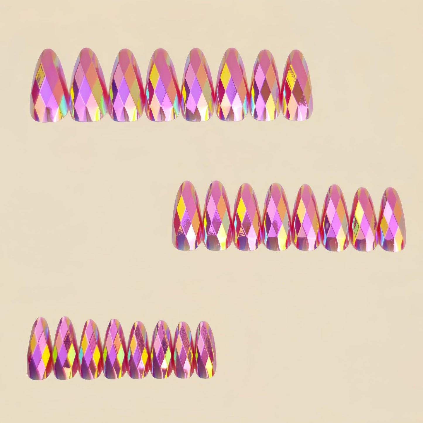 RUOKEXIN Almond Press on Nails Medium Length Fake Nails Pink Chrome False Nails with 3D Rhombus Designs Full Cover Nail Press ons Sparkly Artificial Nails for Women 24Pcs