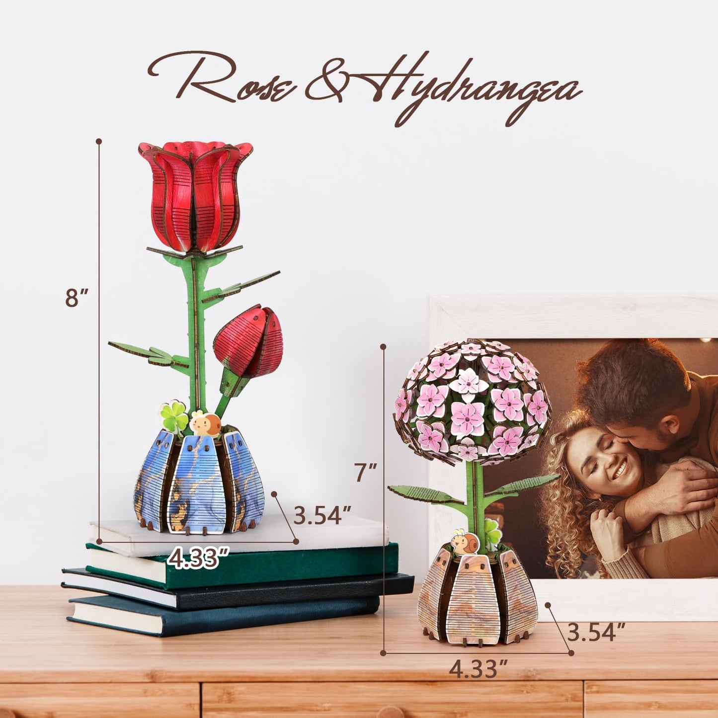 Jege 3D Flower Wooden Puzzles for Adults, DIY Building Set with 2 Flowers, 2 Perfume Bottles & Diffuser Sticks, Creative Craft Gifts & Home Decor (Rose + Hydrangea)