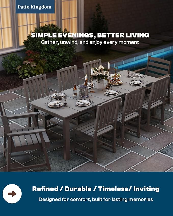 9-Piece Grey Outdoor Dining Set with Beige 11FT Large Patio Umbrella, 75.2'' HDPE Table & Chairs for 8, Weather-Resistant Furniture with Umbrella Hole for Patio, Lawn, Poolside