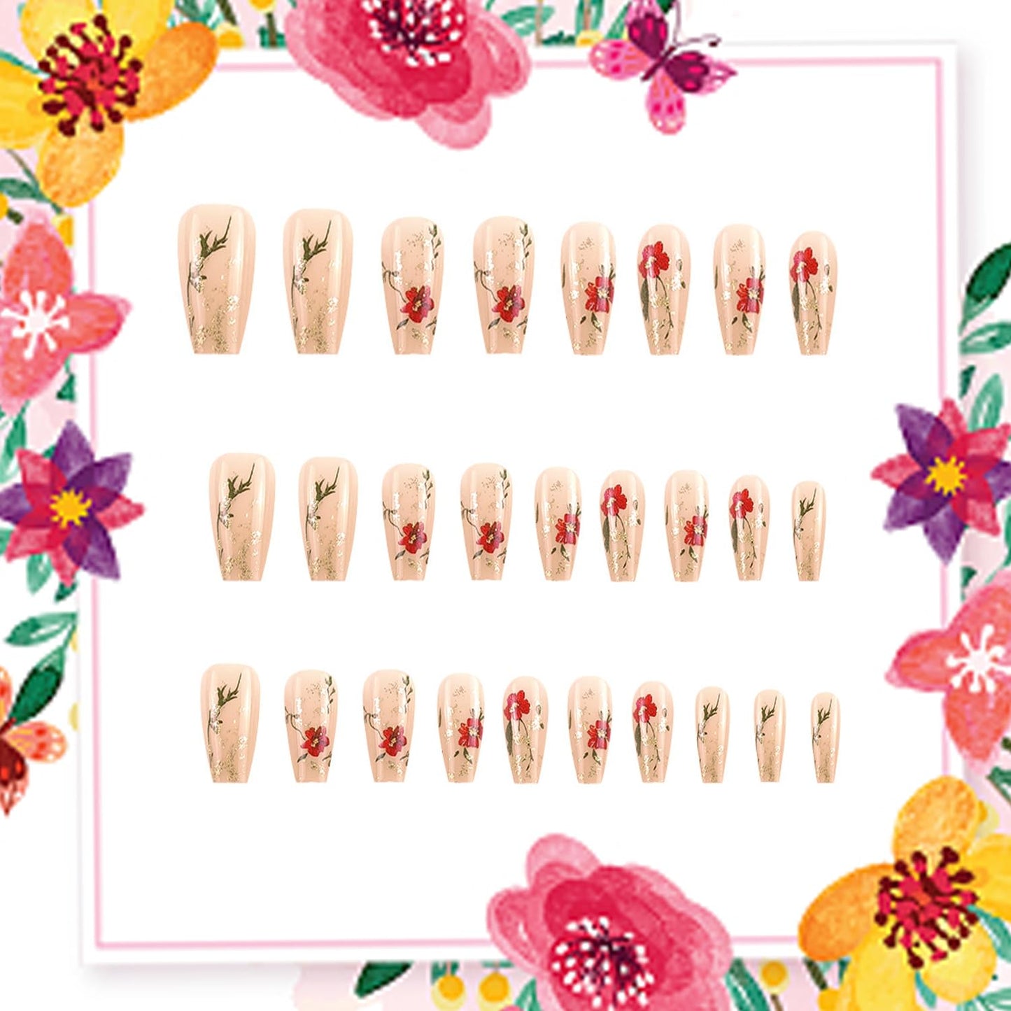Flower Press on Nails Medium Ballet Shaped Gold Glitter Powder Flower Rose Pattern Design Full Cover Glossy Artificial Fingernails Reusable Acrylic Press Ons Stick on Nails for Women Spring Manicure