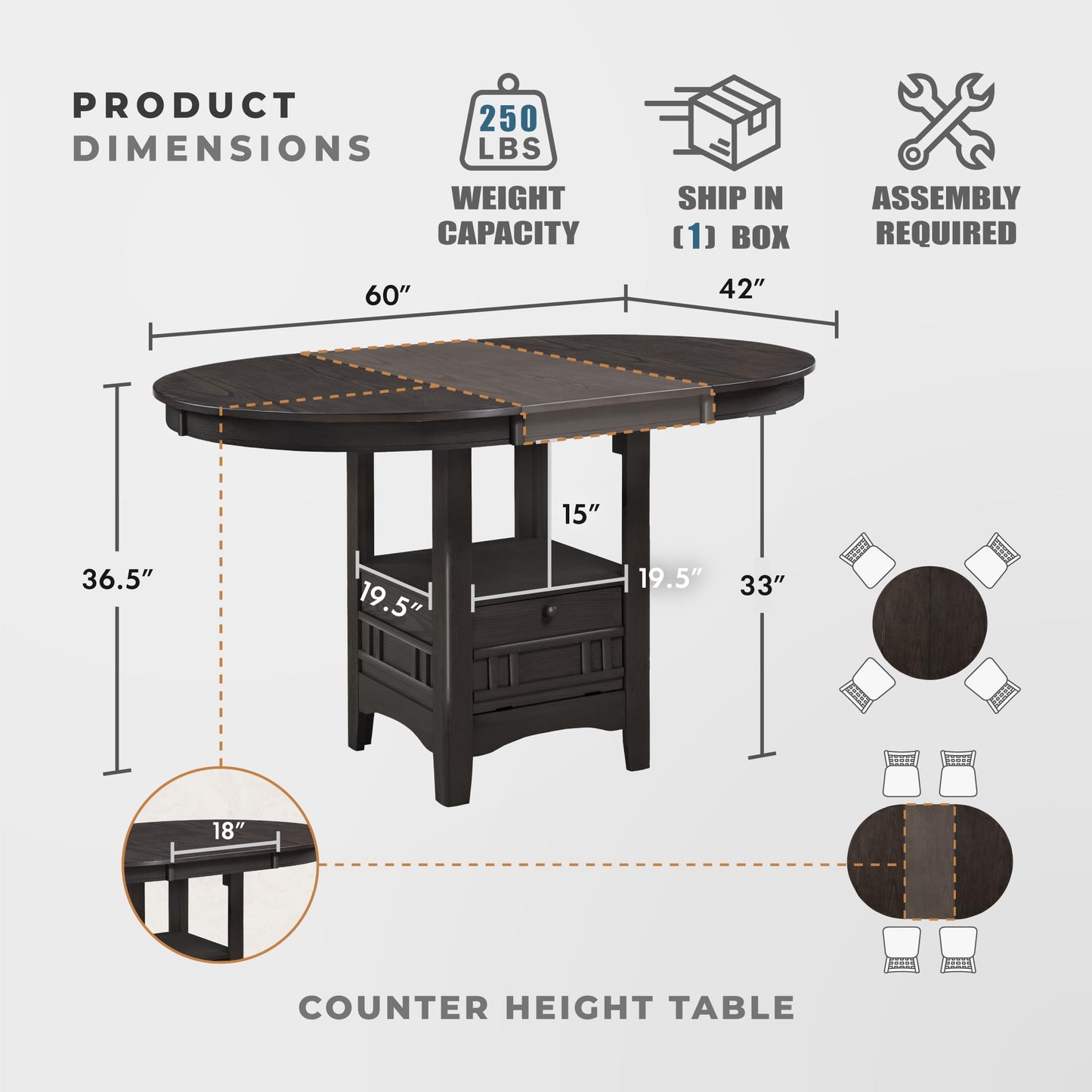 Lexicon Meyer 5 Piece Counter Height Dining Table Set, Extendable Counter Height Dining Room Set for 4, Including 1 Round Kitchen Table and 4 Lattice Back Chairs, Dark Cherry