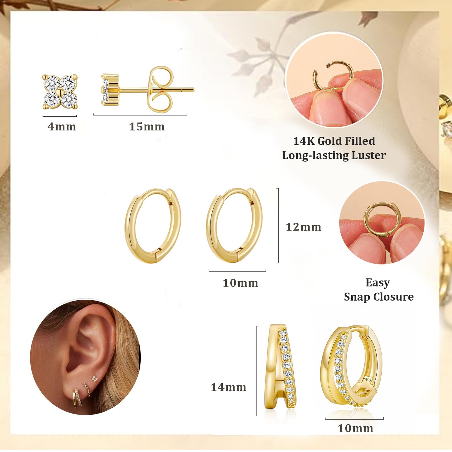 DORANA 3 Pair Small Gold Hoop Earrings Set for Women 925 Sterling Silver Huggie Earrings Non Tarnish Small Cartilage Hoops Stackable Earring Stacks Sets for Multiple Piercing