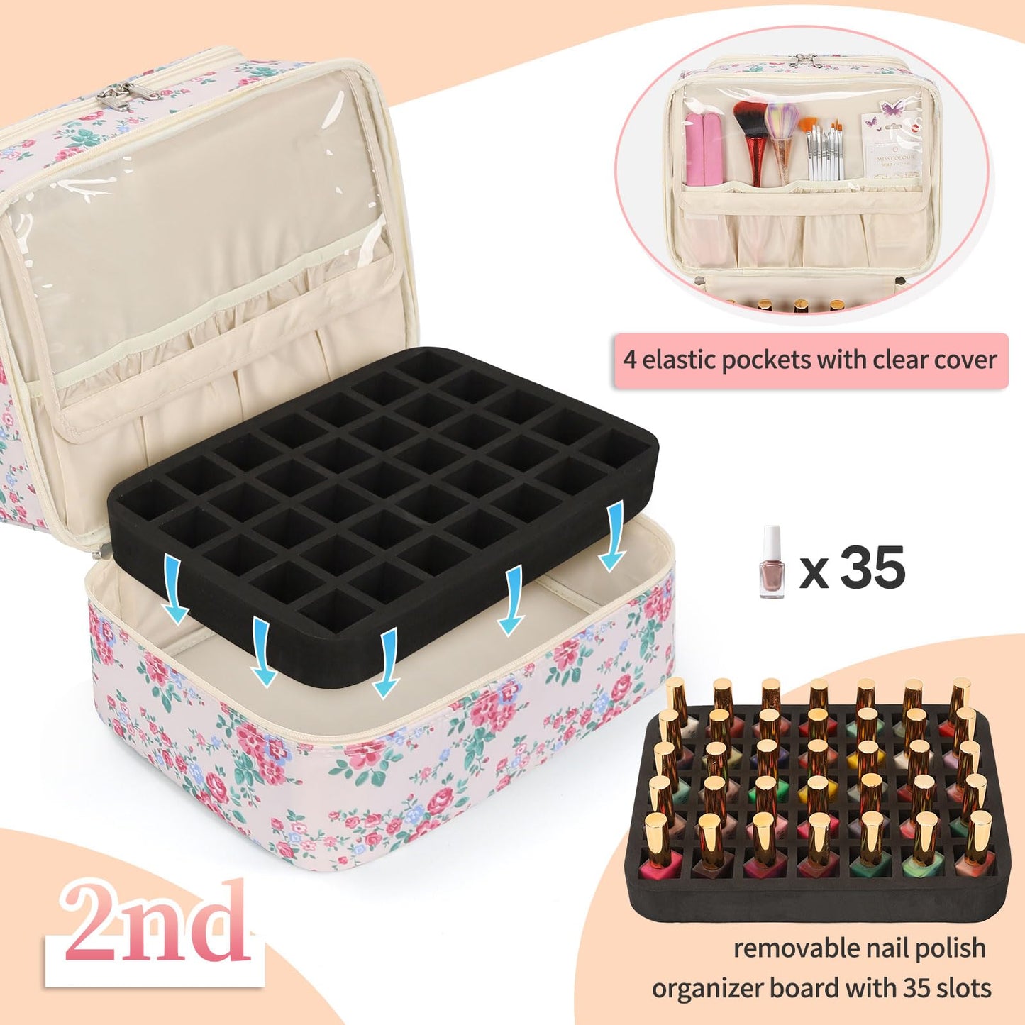 CUBETASTIC Nail Polish Organizer, Nail Supplies Storage Case Holds 45 Bottles Nail Polish & Nail Lamp, Travel Nail Tech Carrying Bag, Nail Kit Bag For Nail Stuff & Manicure Tools