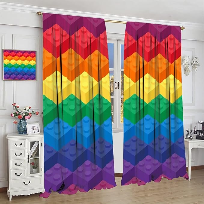 Colorful Building Blocks Cartoon Toy Printed Curtains, Bedroom, Living Room, Architecture, Curtains, Fun Brick 3D Design Curtains, Children's Living Room, Window Treatment Panels 2 Panels 63x63in
