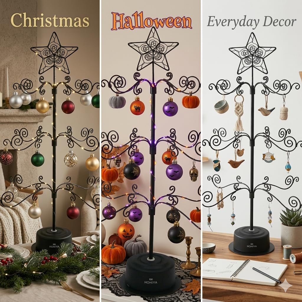 HOHIYA 24” Rotating Ornament Display Tree Stand 36 Hooks Metal Tabletop Display Rack for Christmas Ornaments Halloween Decor Craft Show Display Heavy Duty Black