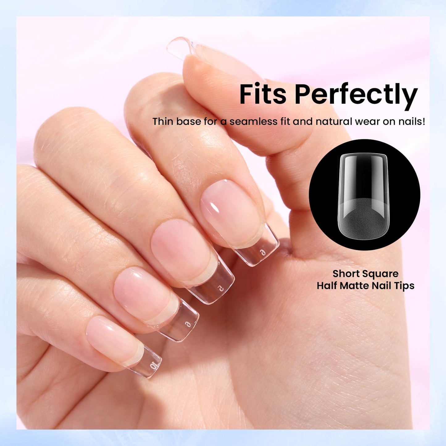Beetles Gel Nail Tips Square Short, 288Pcs 12 Sizes Pre-Etched Half Matte Full Cover Soft Acrylic False Nail Tips Easy DIY Glue On Etch-X Nail Extension Salon Gift for Women Girls