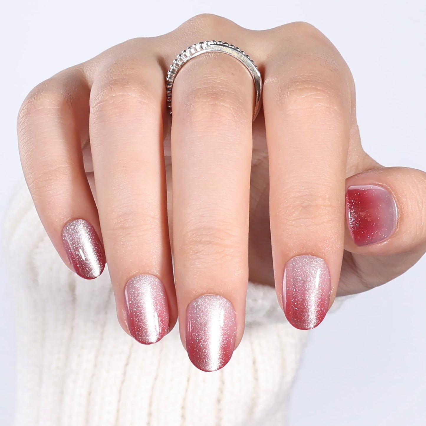 SEEWEE Pink French Tip Cat Eye Press On Nails Oval - Red Ombre Short Oval Fake Nails with Nail Glue, Pink Cateye Press On Nails Reusable Stick On Nails in 16 Sizes 32 Nail Kit | Salon Quality