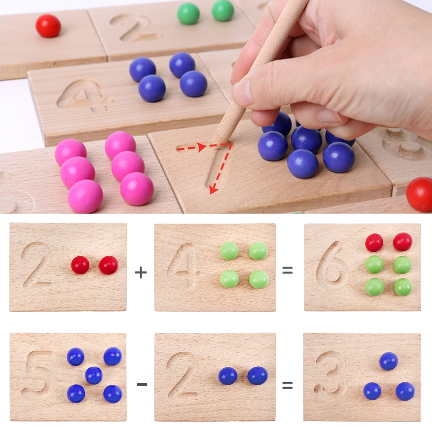 BBtinker Wooden Number Tracing Board Set, Toddler Montessori Math Beads Counting Toy, Preschool Learning and Educational Math Game for Kids