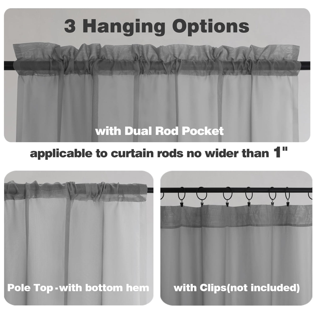 Charcoal Grey Sheer Valance for Windows (2 Count)