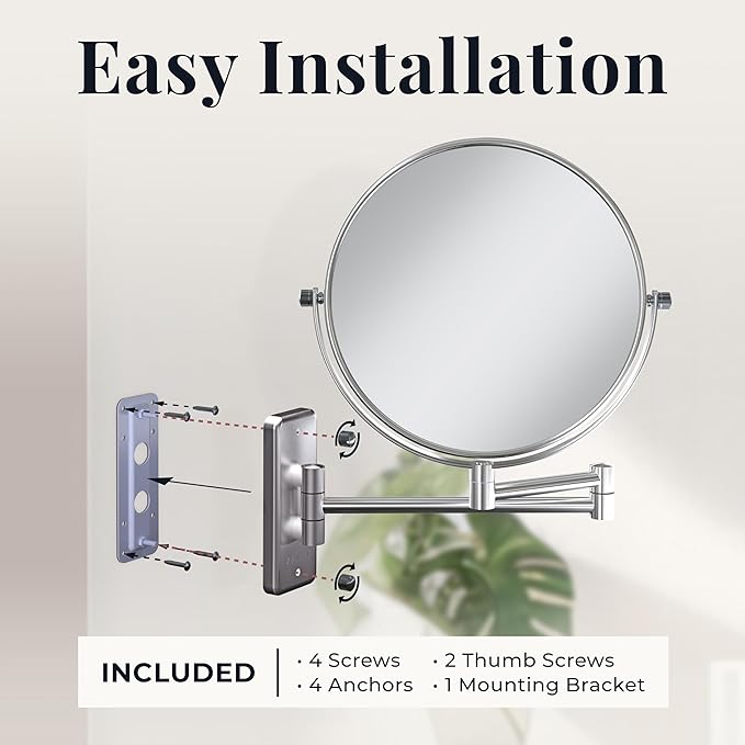 Zadro 7" Wall Mounted Wardrobe, Vanity Makeup Mirror with Magnification & Extending Arm (Large | 12.25" x 12" | 8X/1X, Satin Nickel)