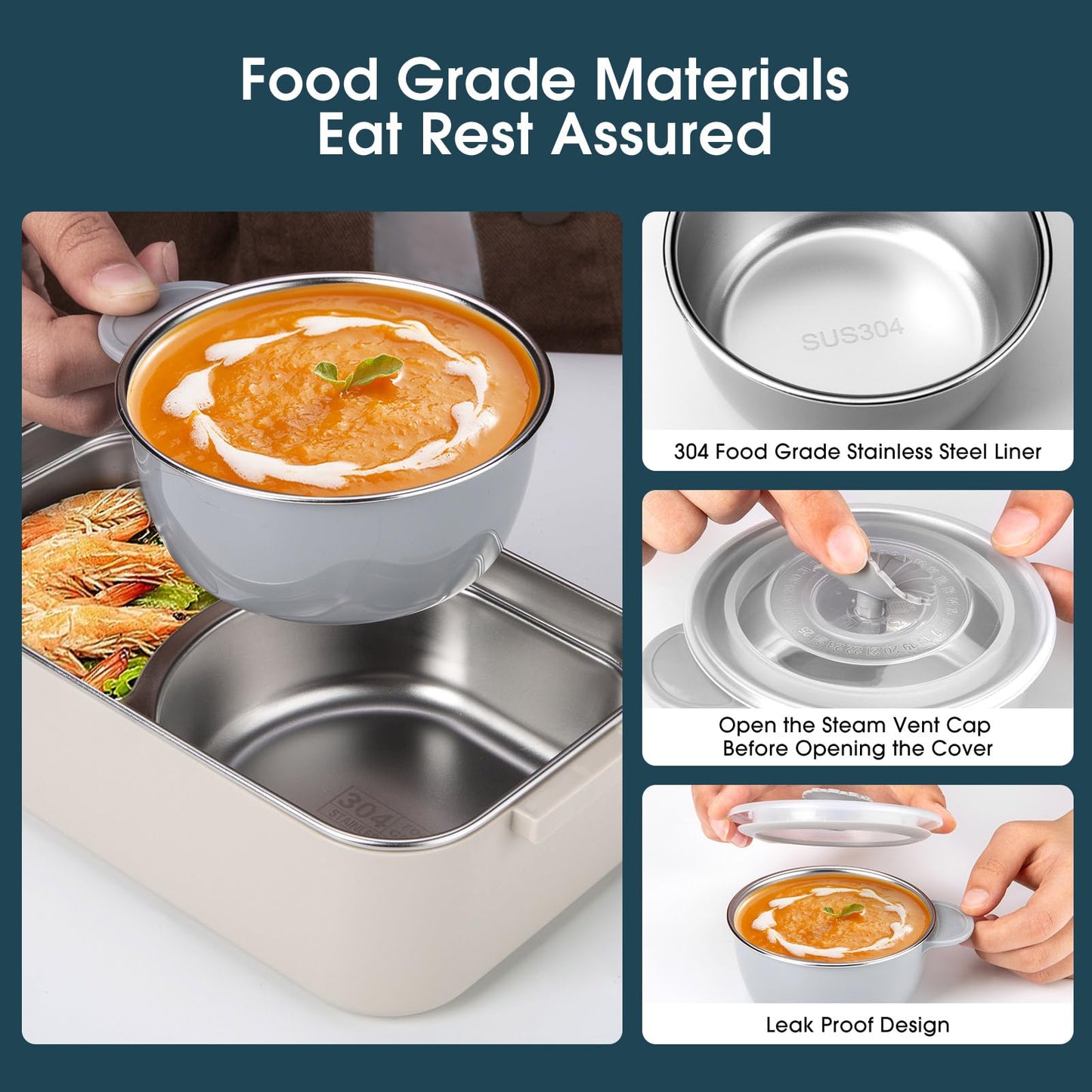 Bento Box Adult Lunch Box, Stackable 3 Layer 304 Stainless Steel Lunch box for Adults Kids Office, 3L Large Capacity Portable Lunch Box Containers with Soup Bowl Spoon and Fork