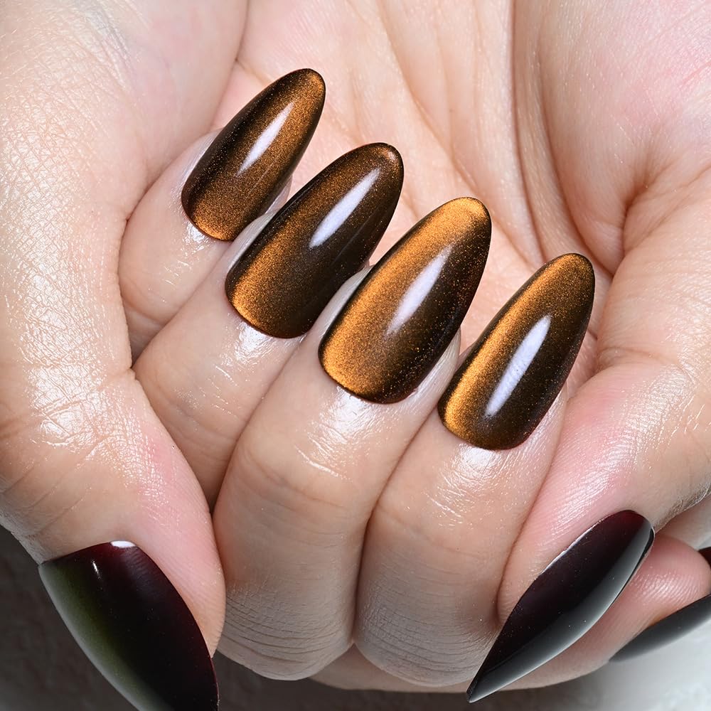 evpct Orange Red Cat Eye Chrome Press on Nails Almond Medium with Design, Holographic Medium Almond Stick on Fake Nails for Women, Glossy Cat Eye Effect, Perfectly Fit Salon-quality Soft False Nail