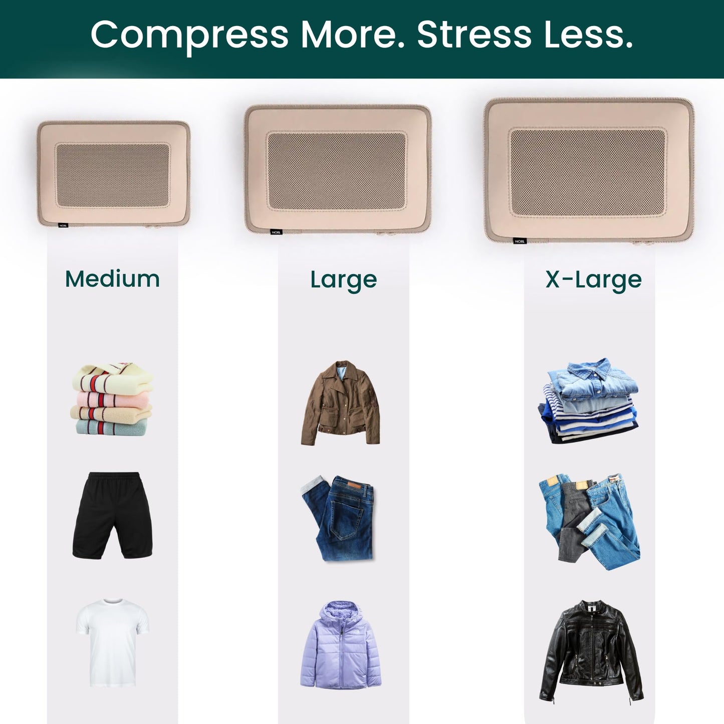 Nobl Travel Compressible Packing Cubes Set, 6 Pieces Travel Packing Organizers, Compression Luggage Cubes for Suitcases & Carry On, Space Saving (XXS, XS, S, M, L, XL) - Sand