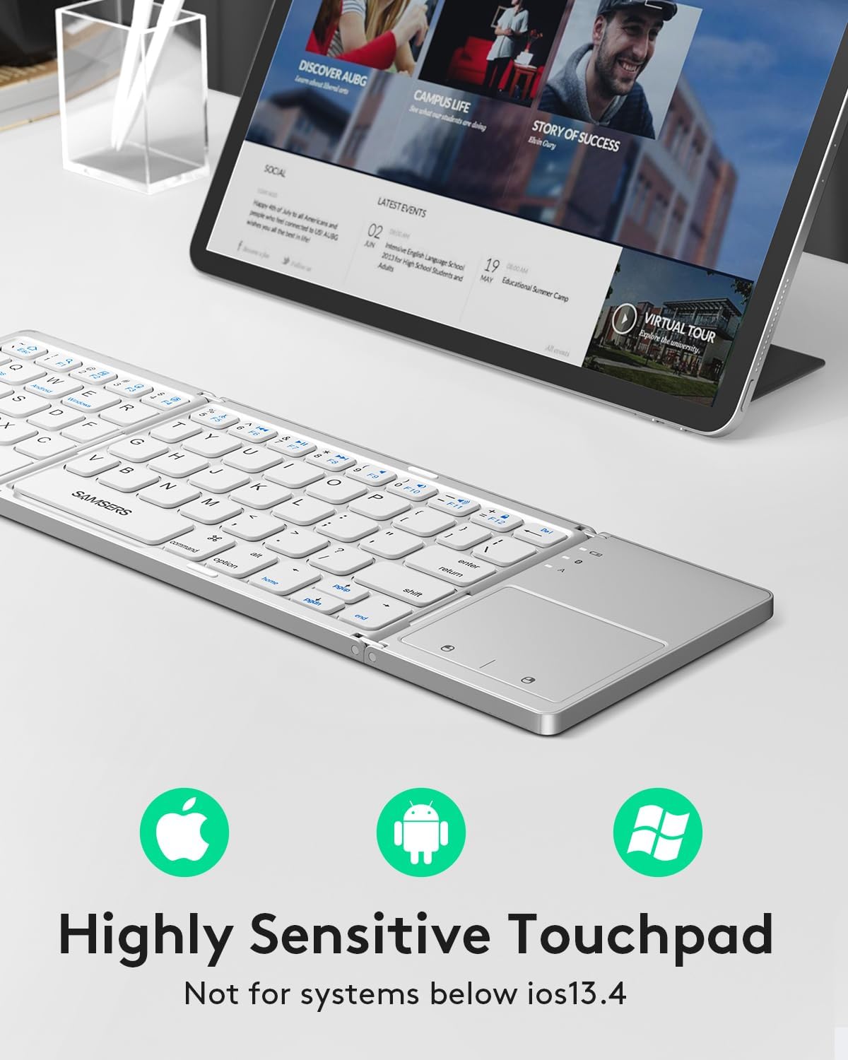 Samsers Foldable Bluetooth Keyboard with Touchpad - Portable Wireless Keyboard with Holder, Rechargeable Full Size Ultra Slim Pocket Folding Keyboards for Android Windows iOS Tablet & Laptop - Silver
