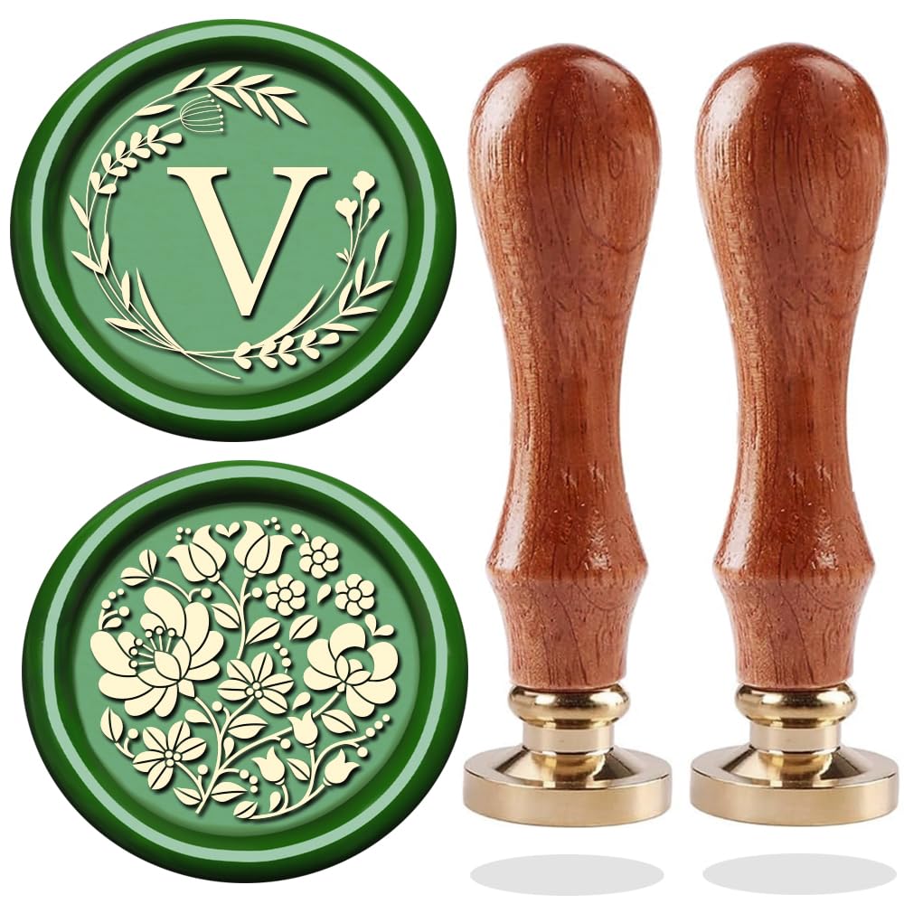 WUERLIN Initial Letter Alphabet V Wax Seal Stamp, Wicker Eucalyptus Sealing With Flower for Wedding Invitation, Gift Wrap, Envelopes, Christmas Card