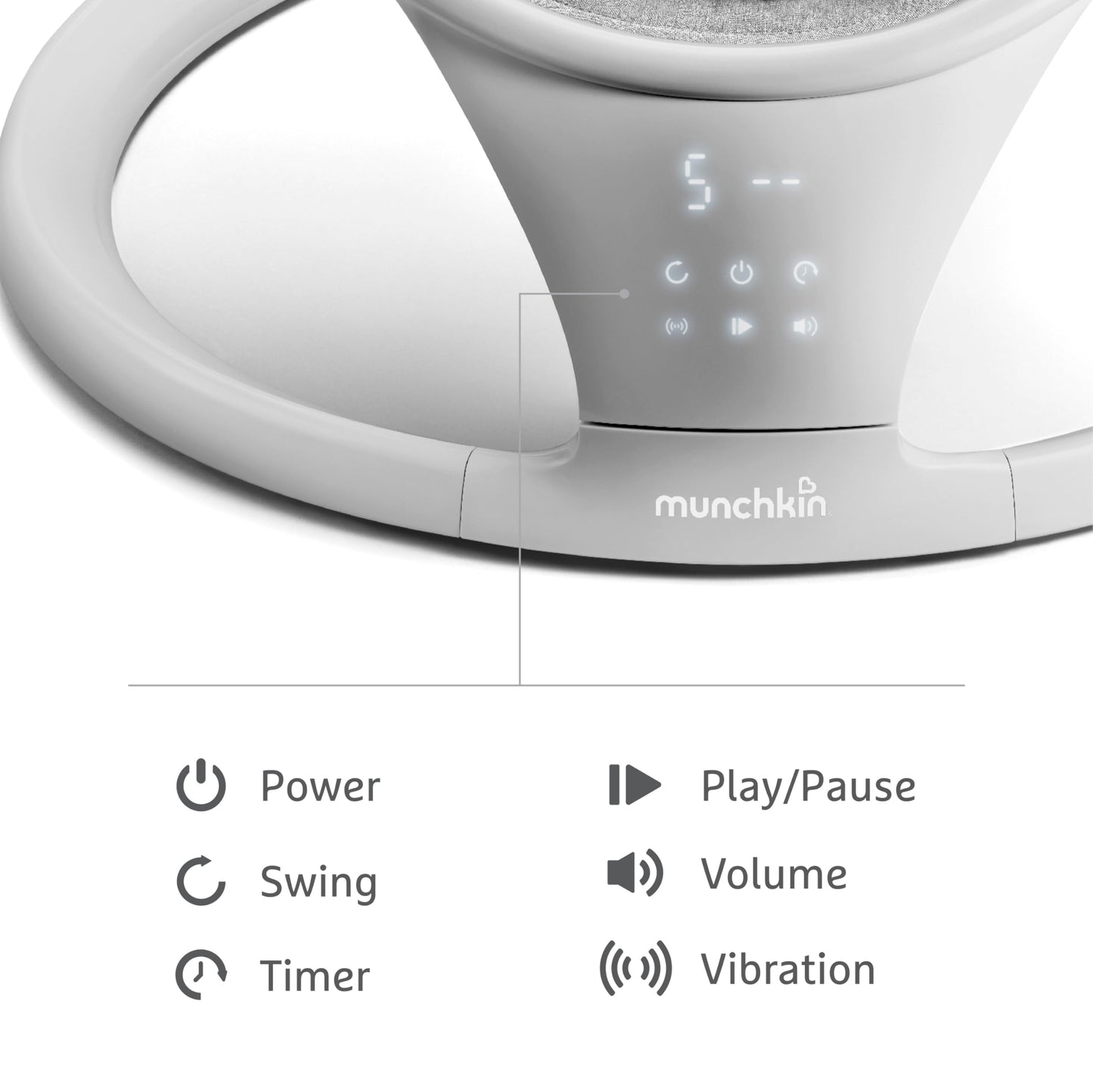 Munchkin Electric Baby Swing with Vibration - Portable Swing for Newborn and Infant, Bluetooth-Enabled Smart Seat with Music, Motion, and Sounds, Light Grey