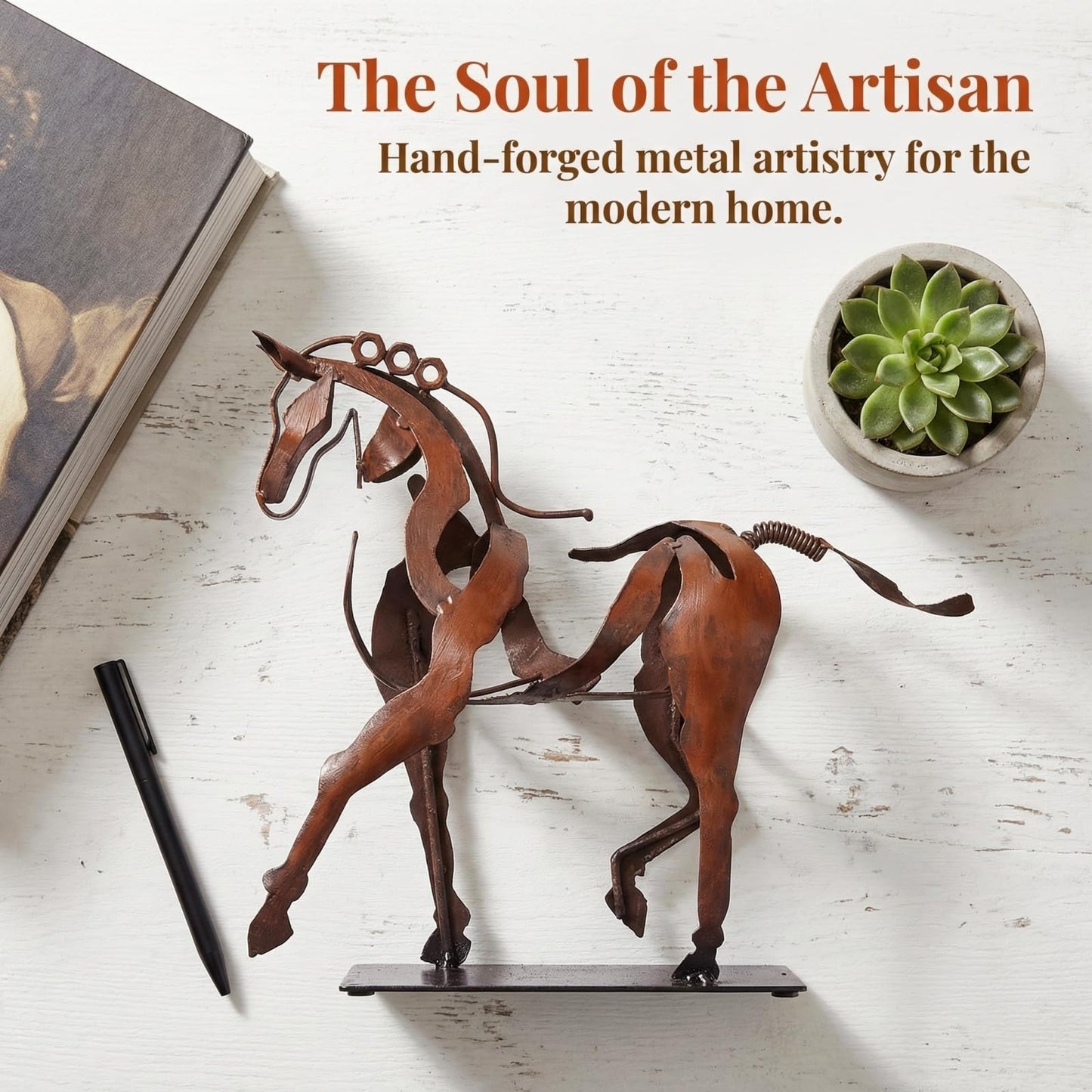SunBlogs Art Handmade Horse Statue - Unique Rustic Decor for Office & Home - Hand-Painted Metal Sculpture - Perfect Handicraft Gift for Horse Lovers (Brown)