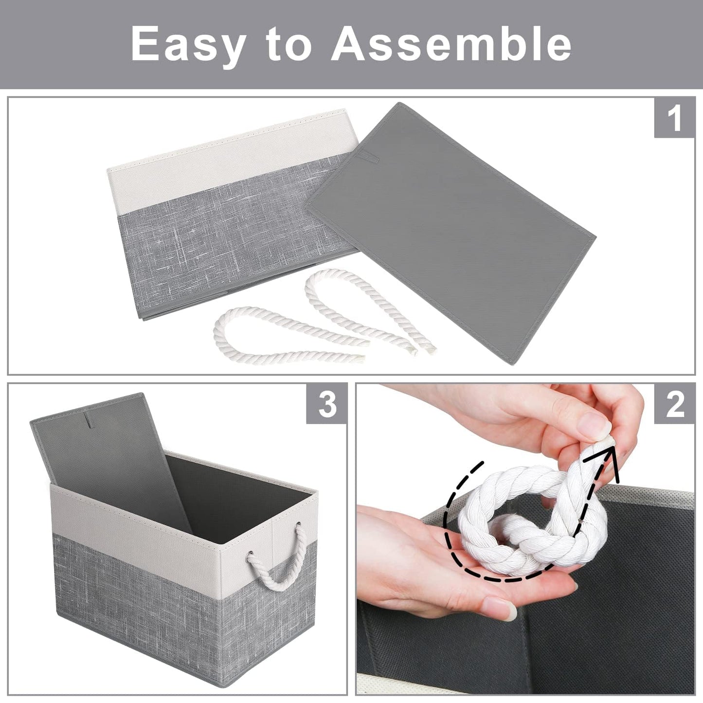 Fab totes Storage Bins 3-Pack, Foldable Storage Baskets for Organizing Toys, Books, Shelves, Closet, Large Storage Box with Rope Handles, Sturdy Organizer Bins, White & Grey